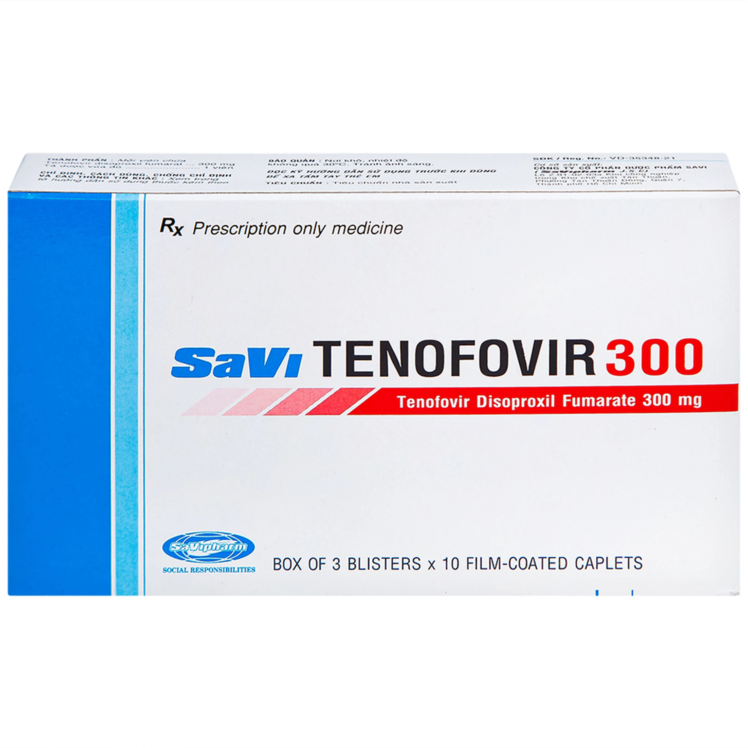Thuốc Savi Tenofovir 300 điều trị nhiễm HIV-1 ở người lớn (3 vỉ x 10 viên) 