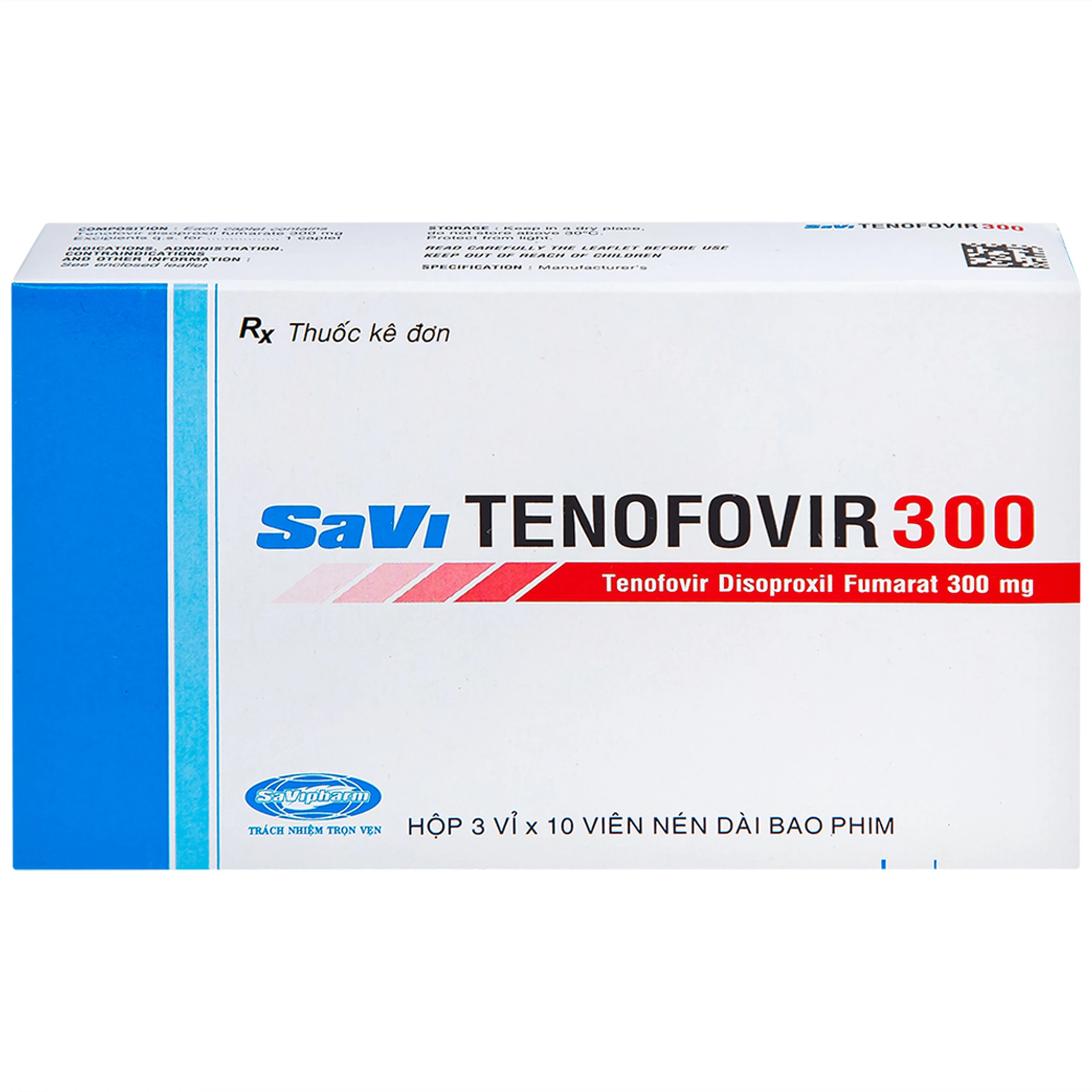 Thuốc Savi Tenofovir 300 điều trị nhiễm HIV-1 ở người lớn (3 vỉ x 10 viên) 