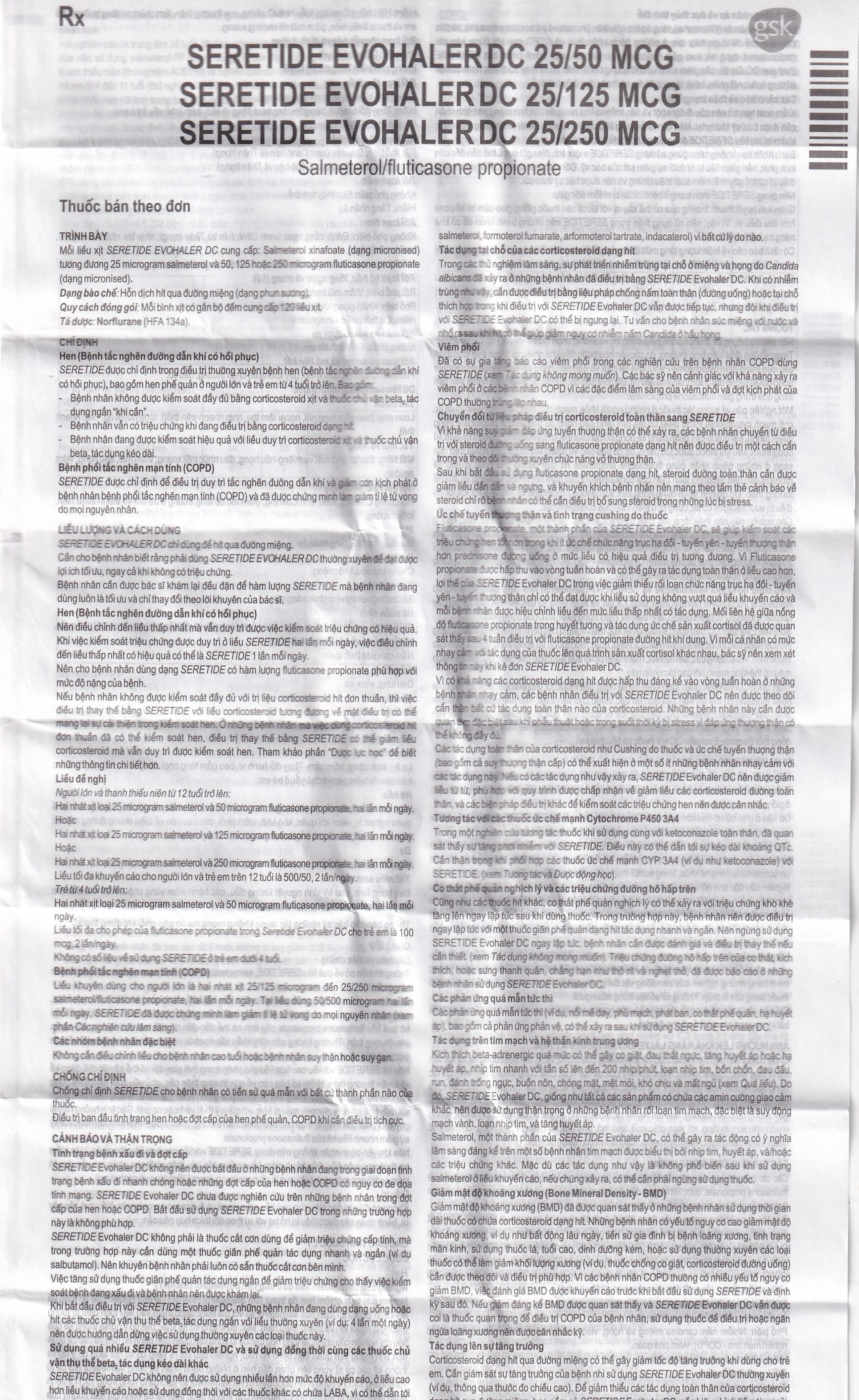 Khí dung Seretide Evohaler DC 25/125 Gsk điều trị hen phế quản, tắc nghẽn phổi mạn tính (120 liều)