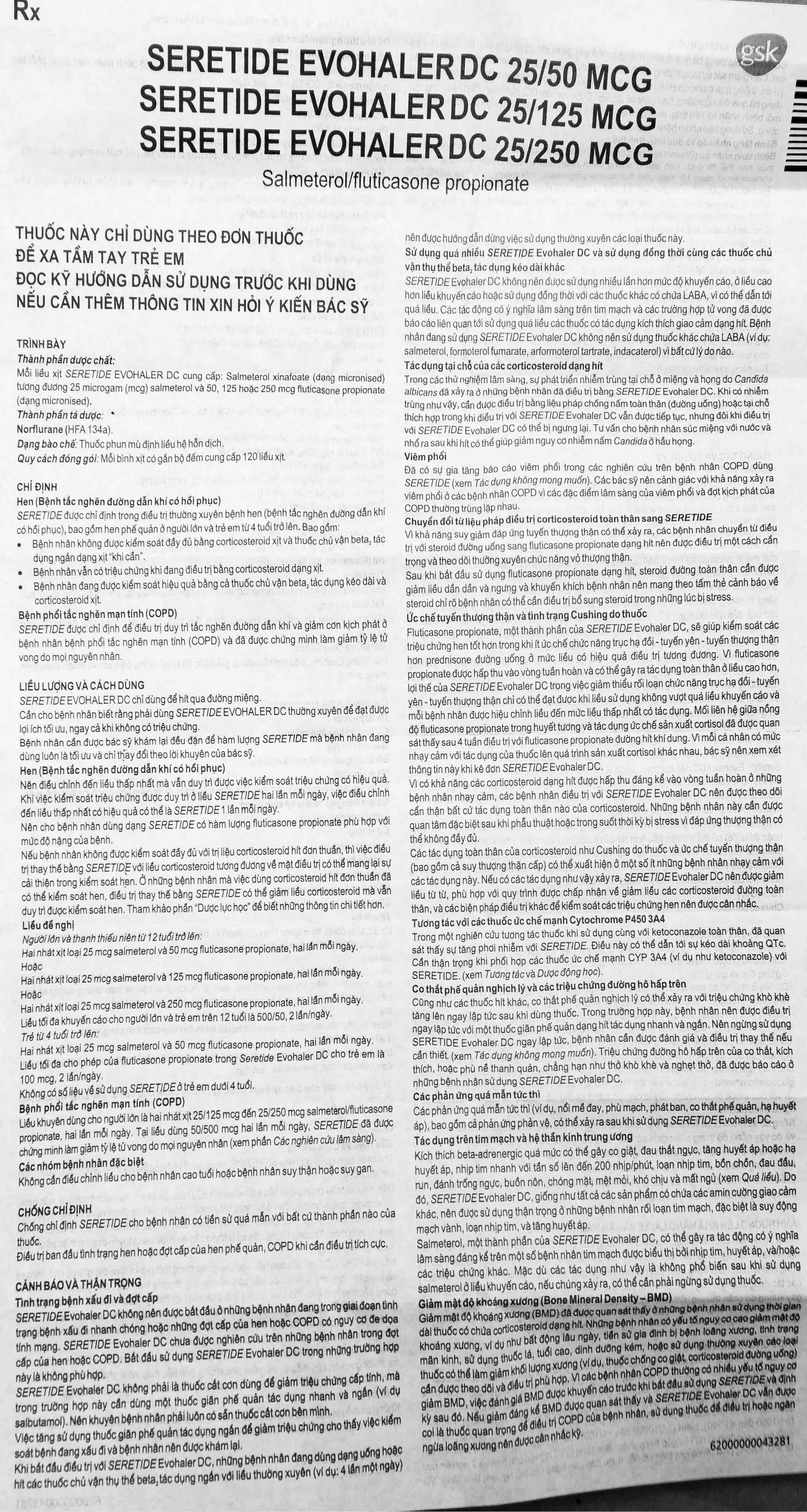 Khí dung Seretide Evohaler DC 25/50 Gsk  điều trị hen phế quản, tắc nghẽn phổi mạn tính (120 liều)