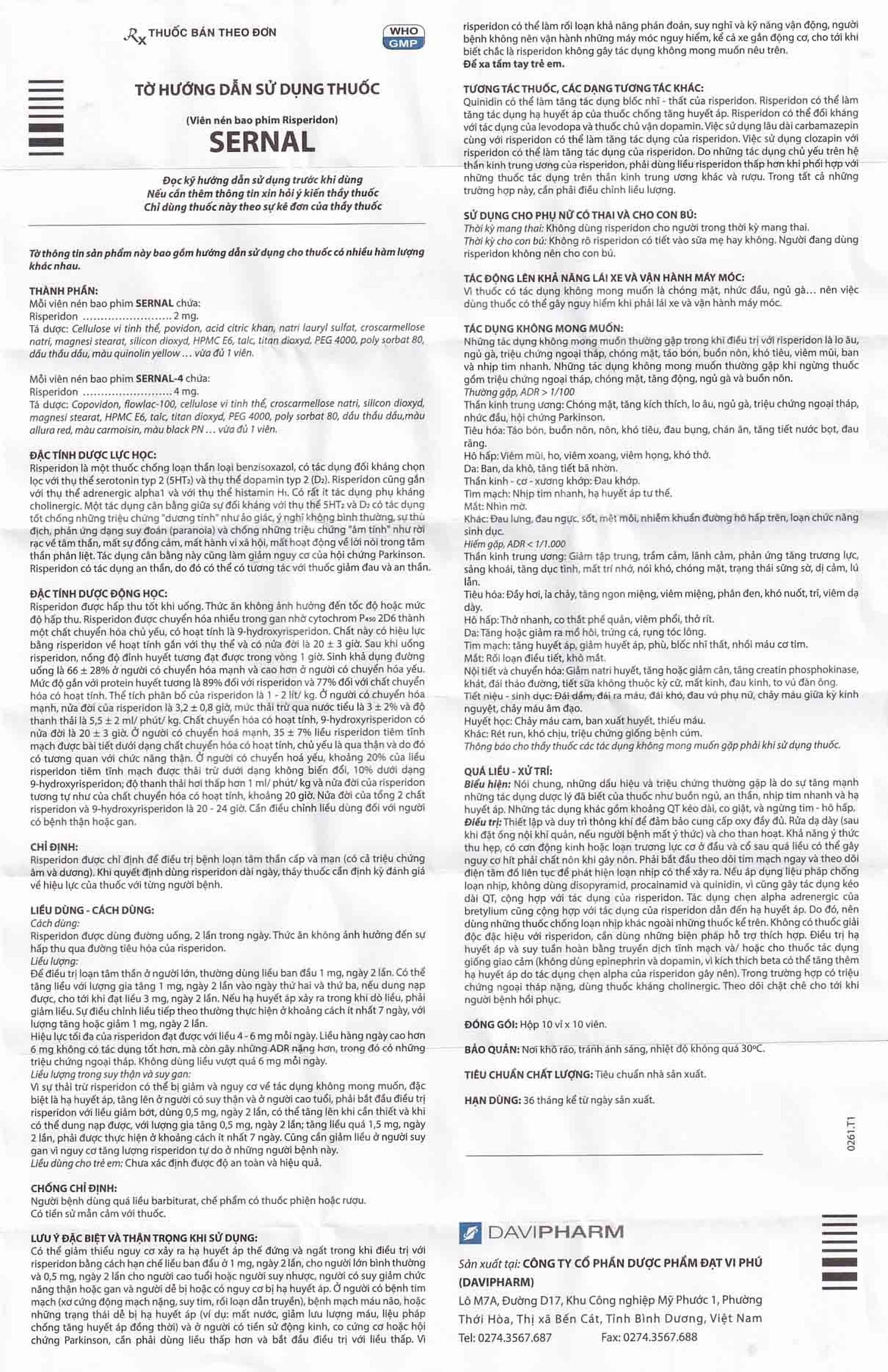 Thuốc Sernal Davipharm điều trị bệnh loạn tâm thần cấp và mạn (10 vỉ x 10 viên)