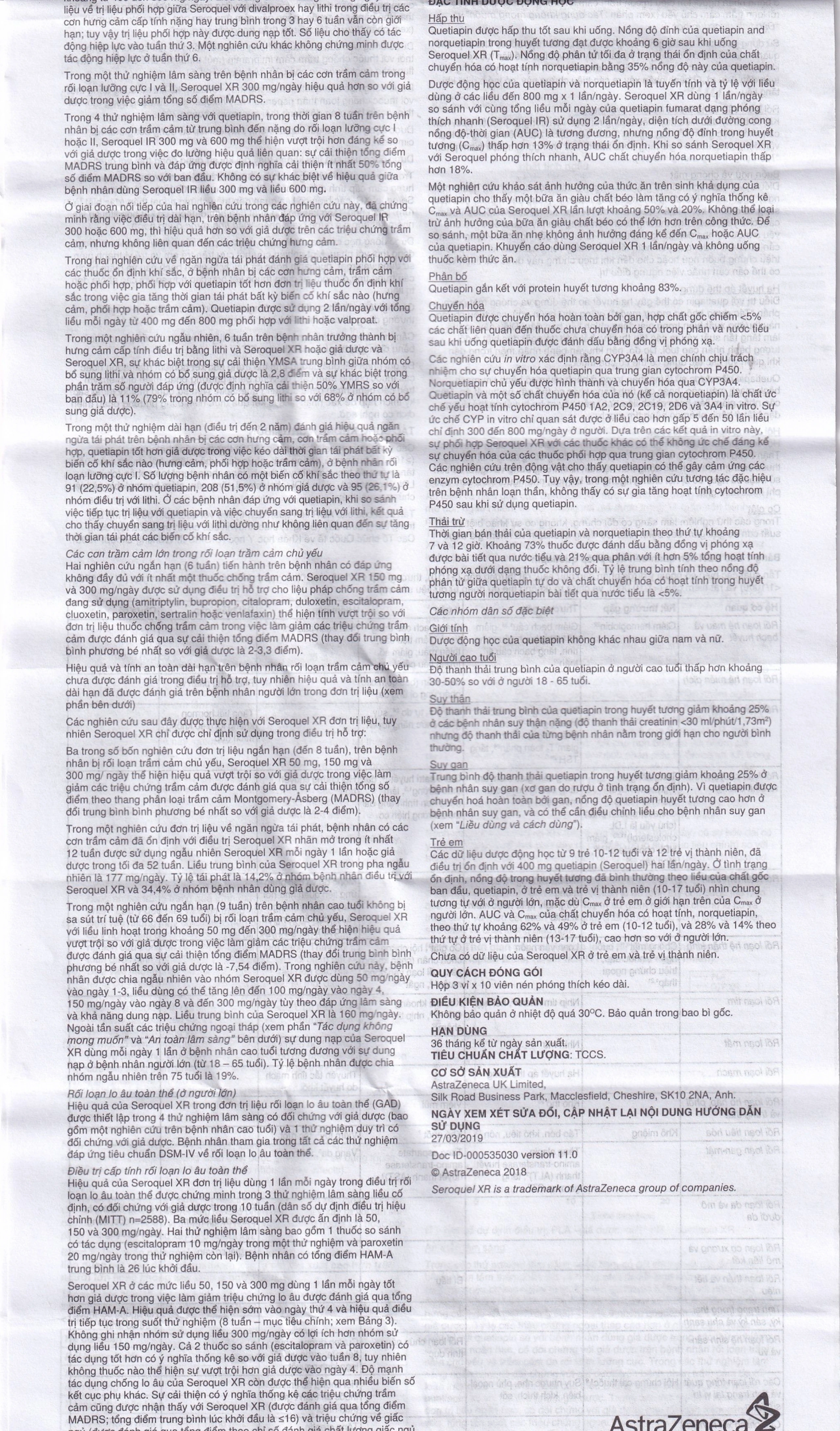 Thuốc Seroquel XR 50mg AstraZeneca điều trị tâm thần phân liệt (3 vỉ x 10 viên)