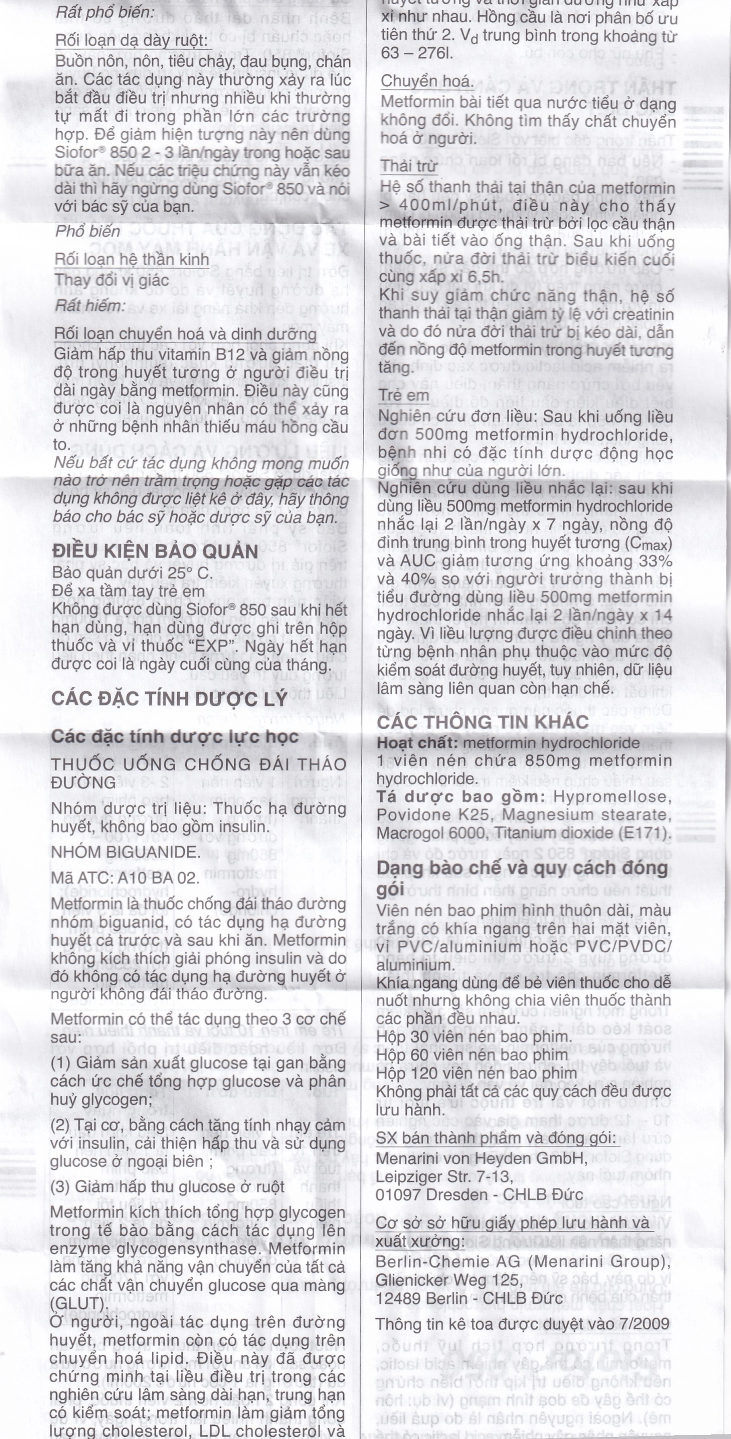 Thuốc Siofor 850 Berlin điều trị đái tháo đường típ 2 (4 vỉ x 15 viên)