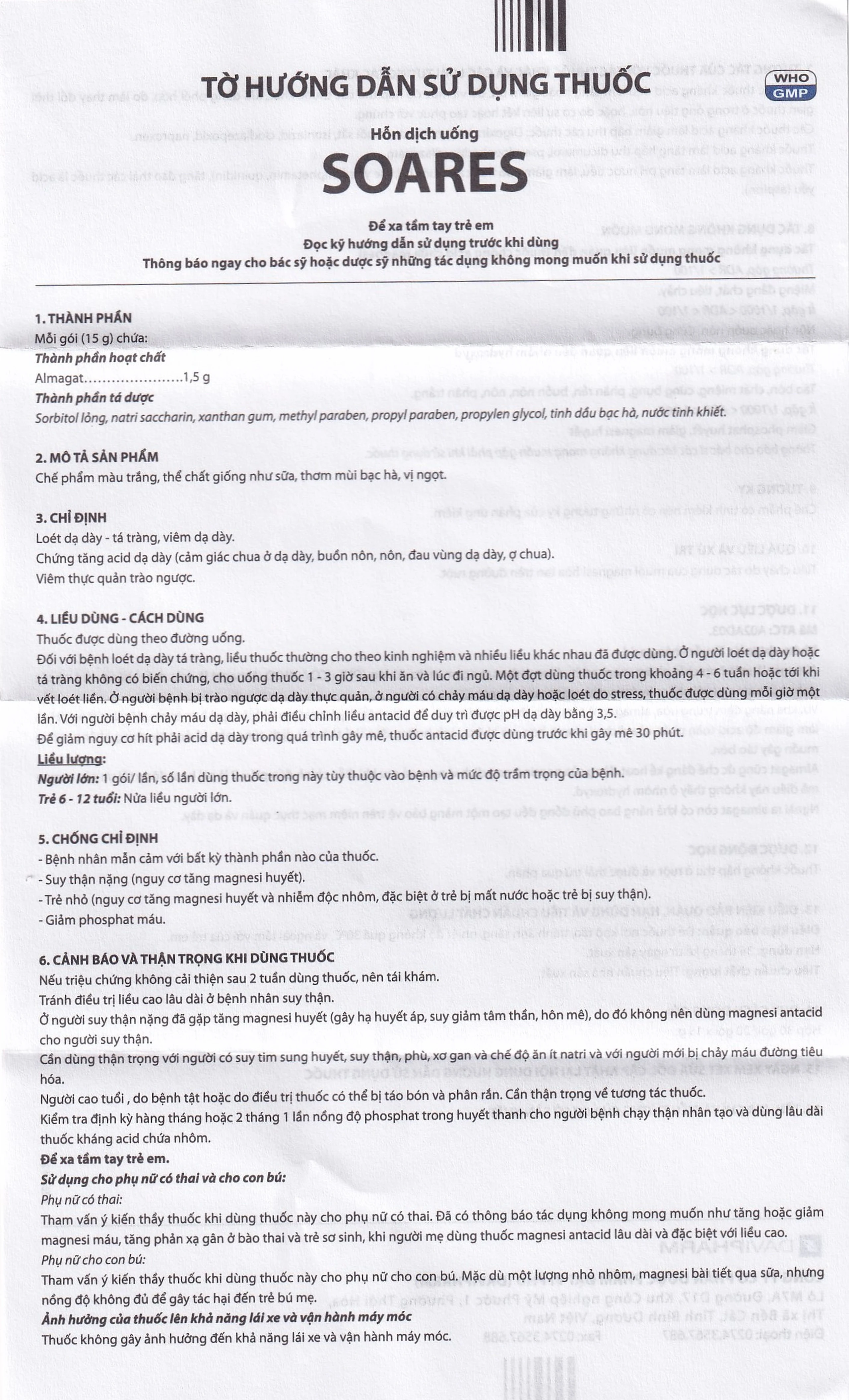 Hỗn dịch uống Soares Davipharm loét dạ dày - tá tràng, viêm dạ dày (30 gói x 15g)