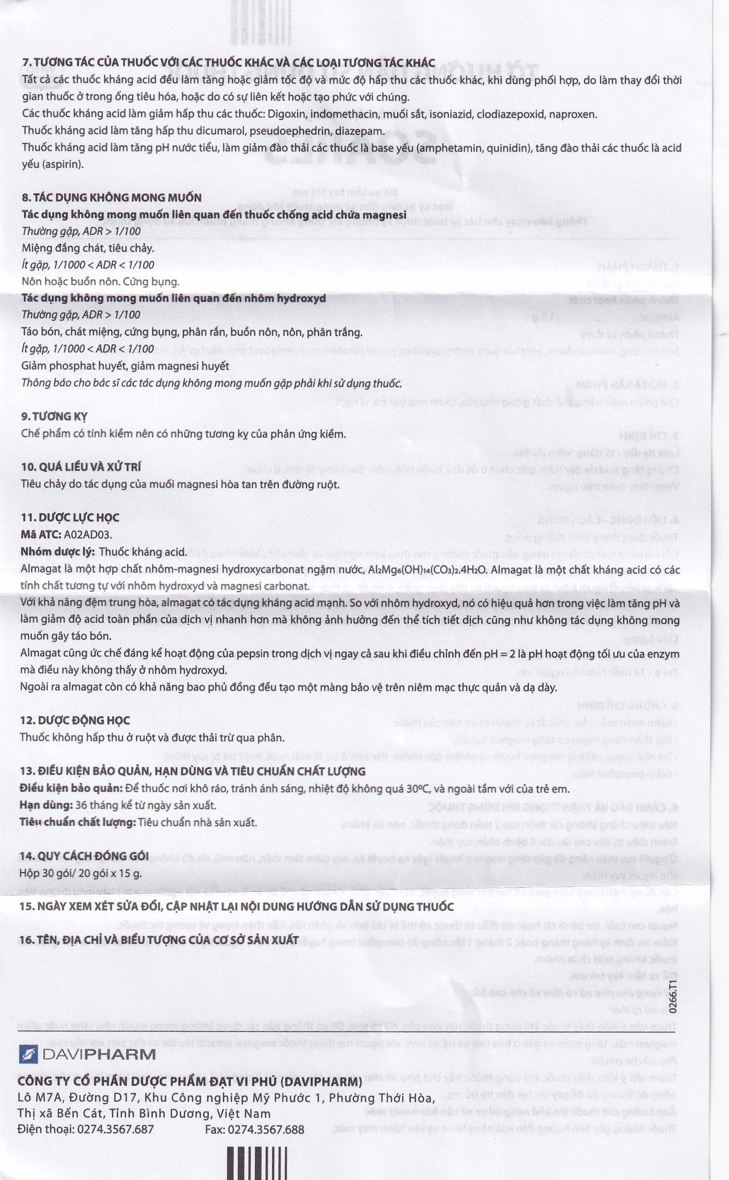 Hỗn dịch uống Soares Davipharm loét dạ dày - tá tràng, viêm dạ dày (30 gói x 15g)