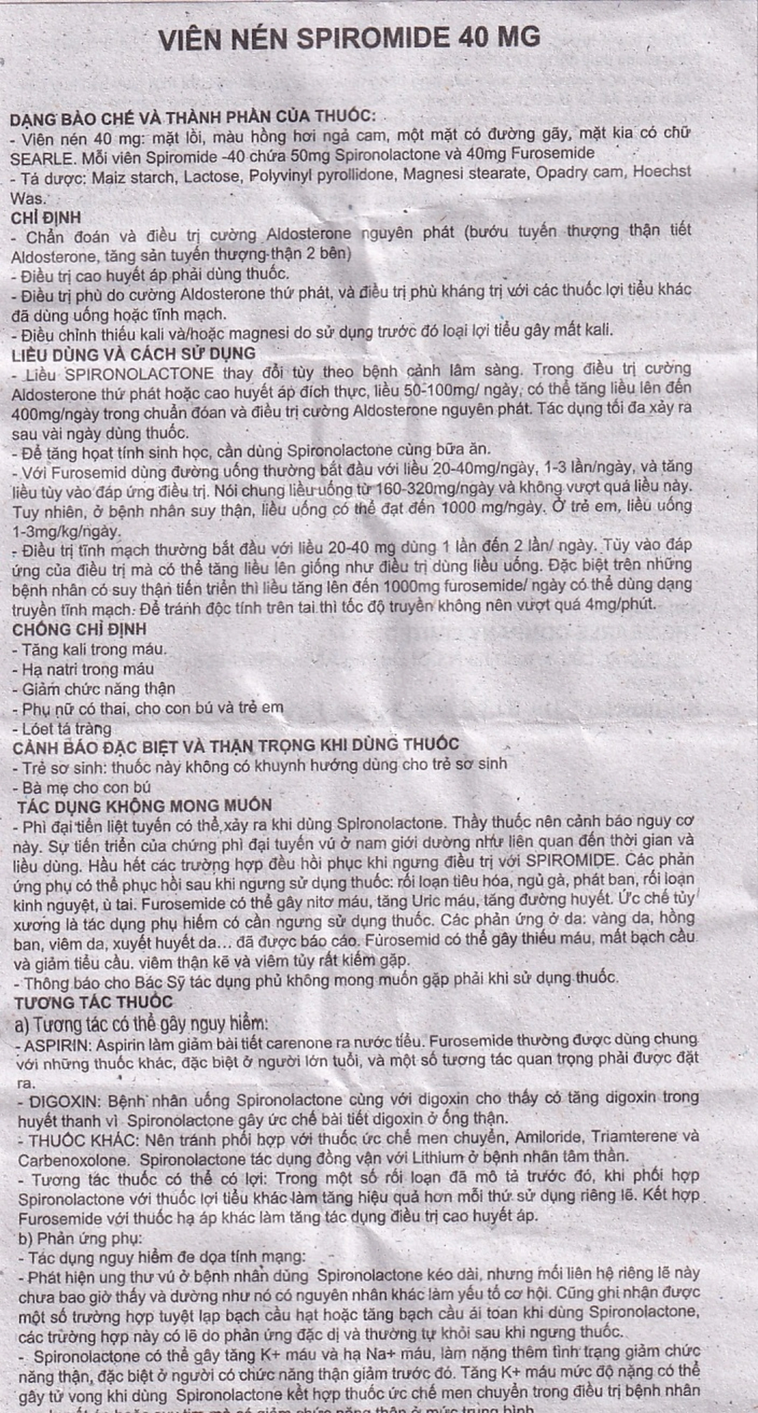 Thuốc Spiromide 40 Searle chẩn đoán và điều trị cường Aldosterone nguyên phát (3 vỉ x 10 viên) 