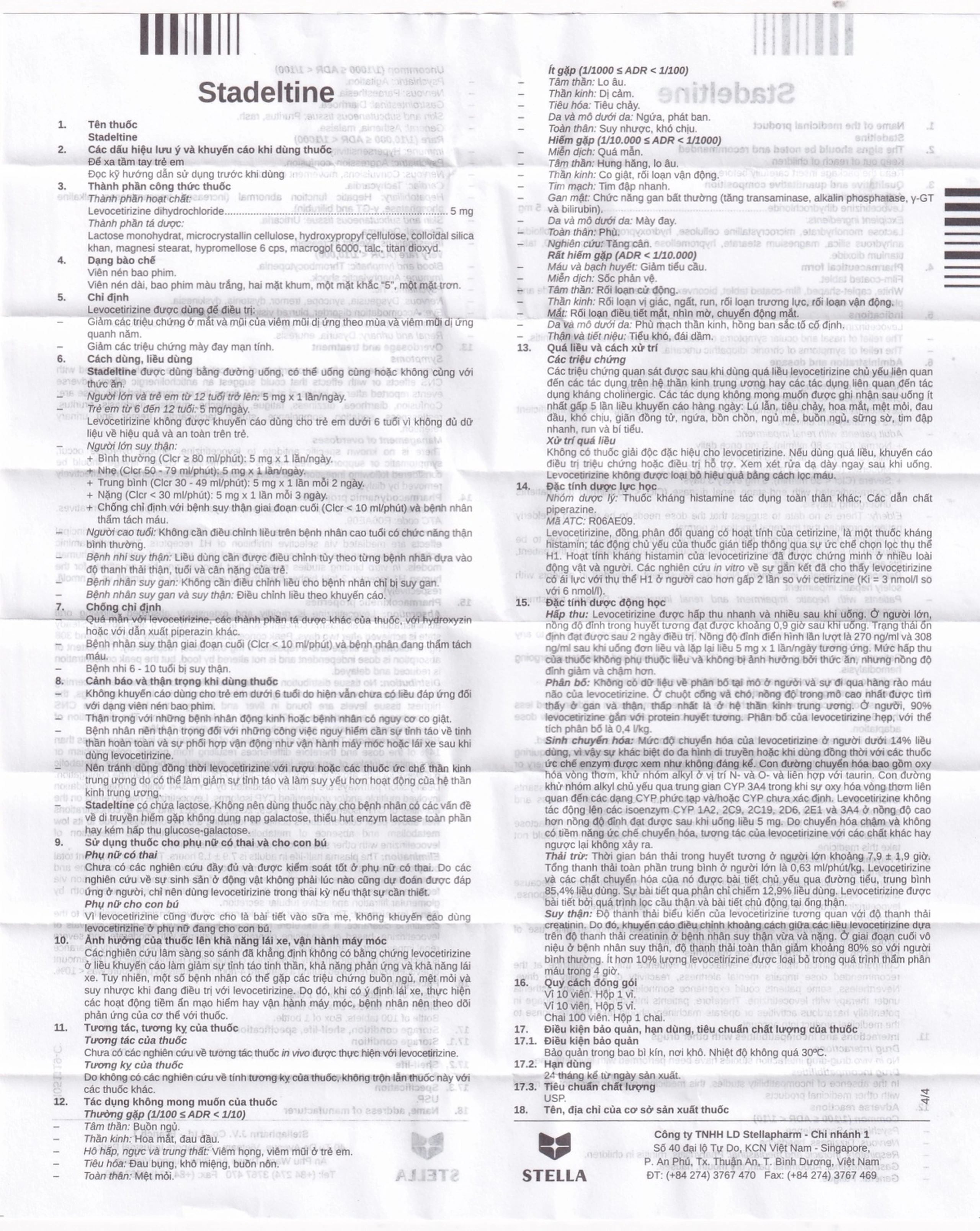Thuốc Stadeltine 5mg Stella giảm các triệu chứng ở mắt và mũi ( 5 vỉ x 10 viên)