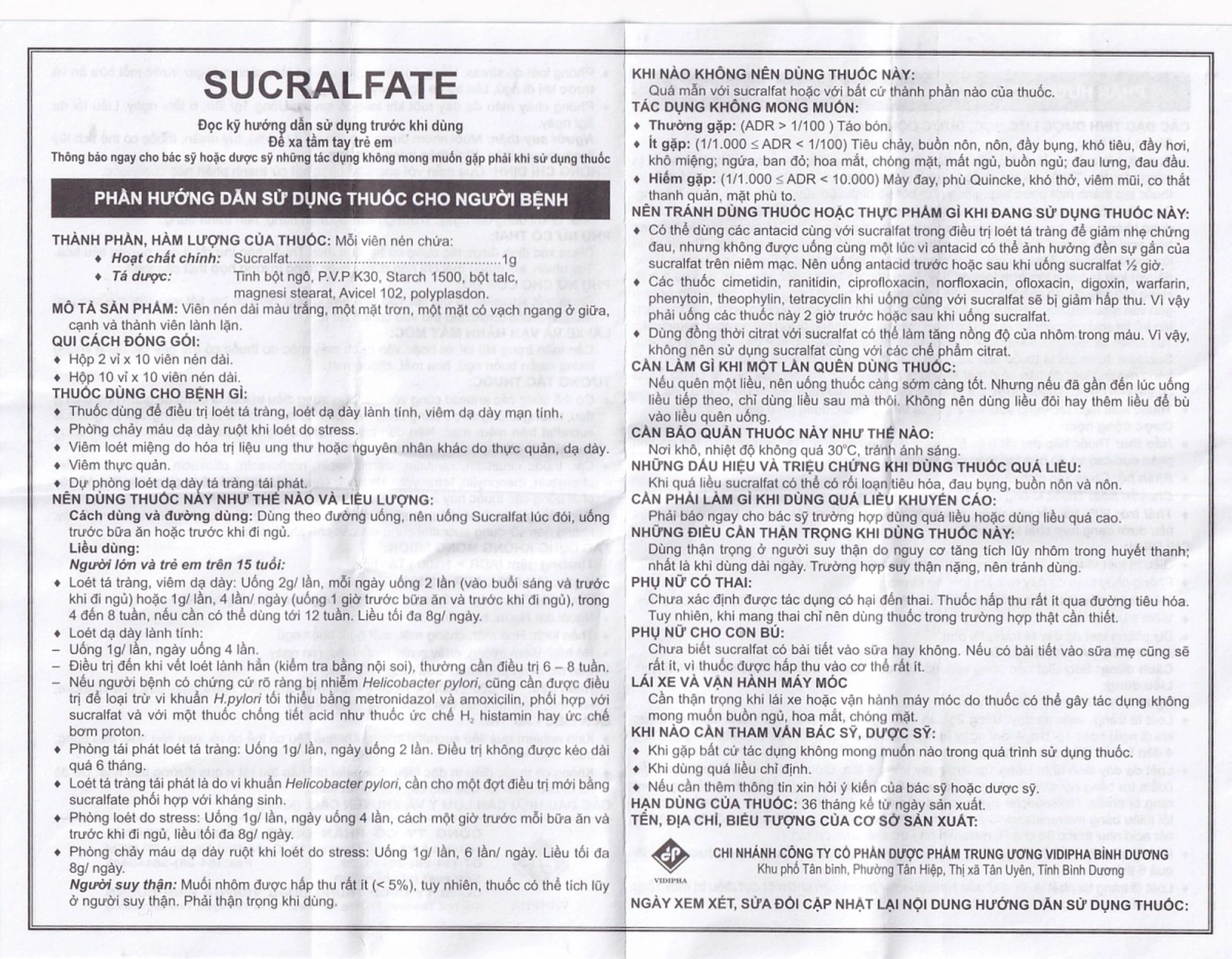 Thuốc Sucralfate Vidipha điều trị loét tá tràng - dạ dày (2 vỉ x 10 viên)