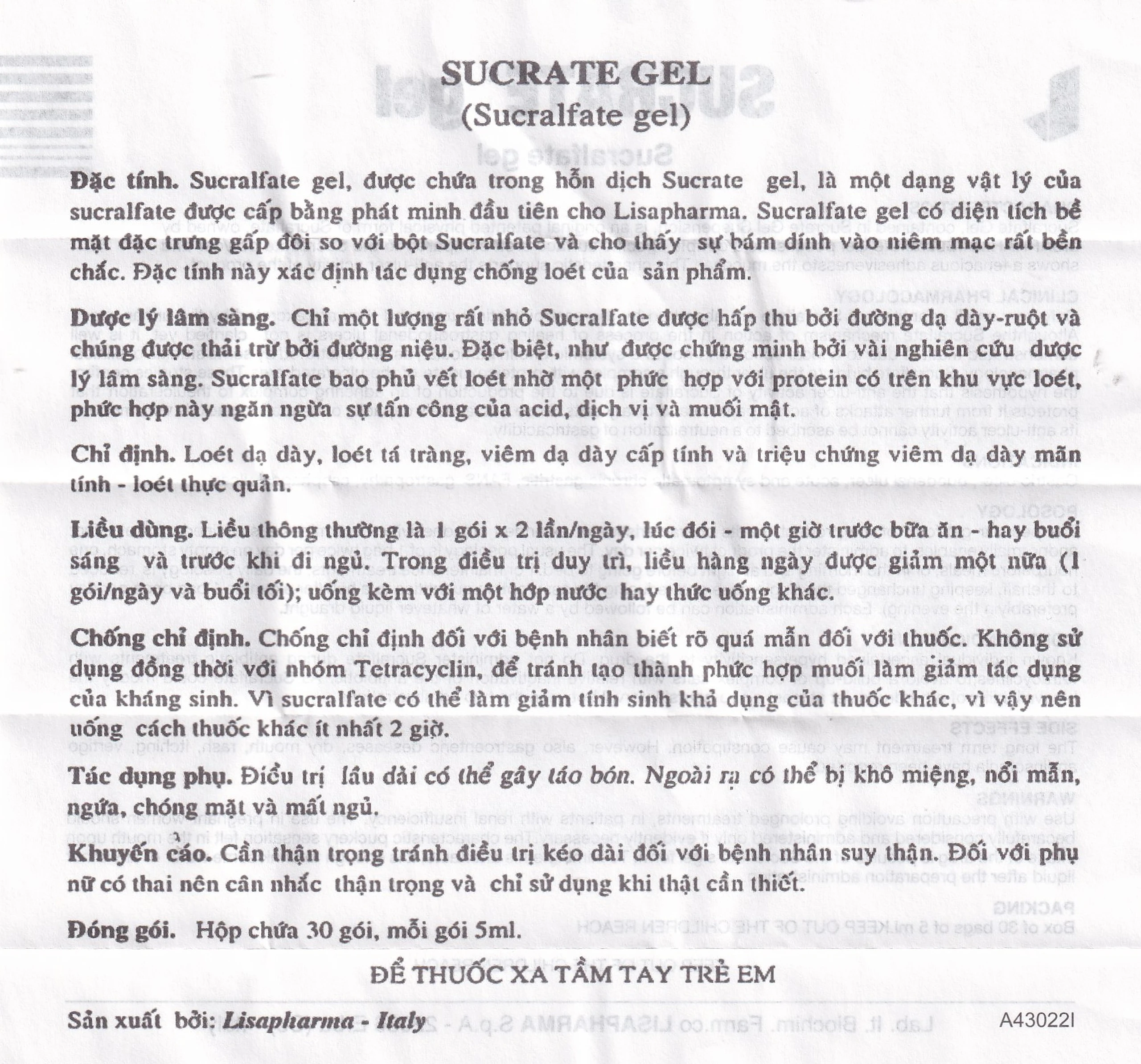 Hỗn dịch Sucrate Gel Istituto Biochimico Italiano điều trị loét dạ dày - tá tràng (30 gói x 5ml)