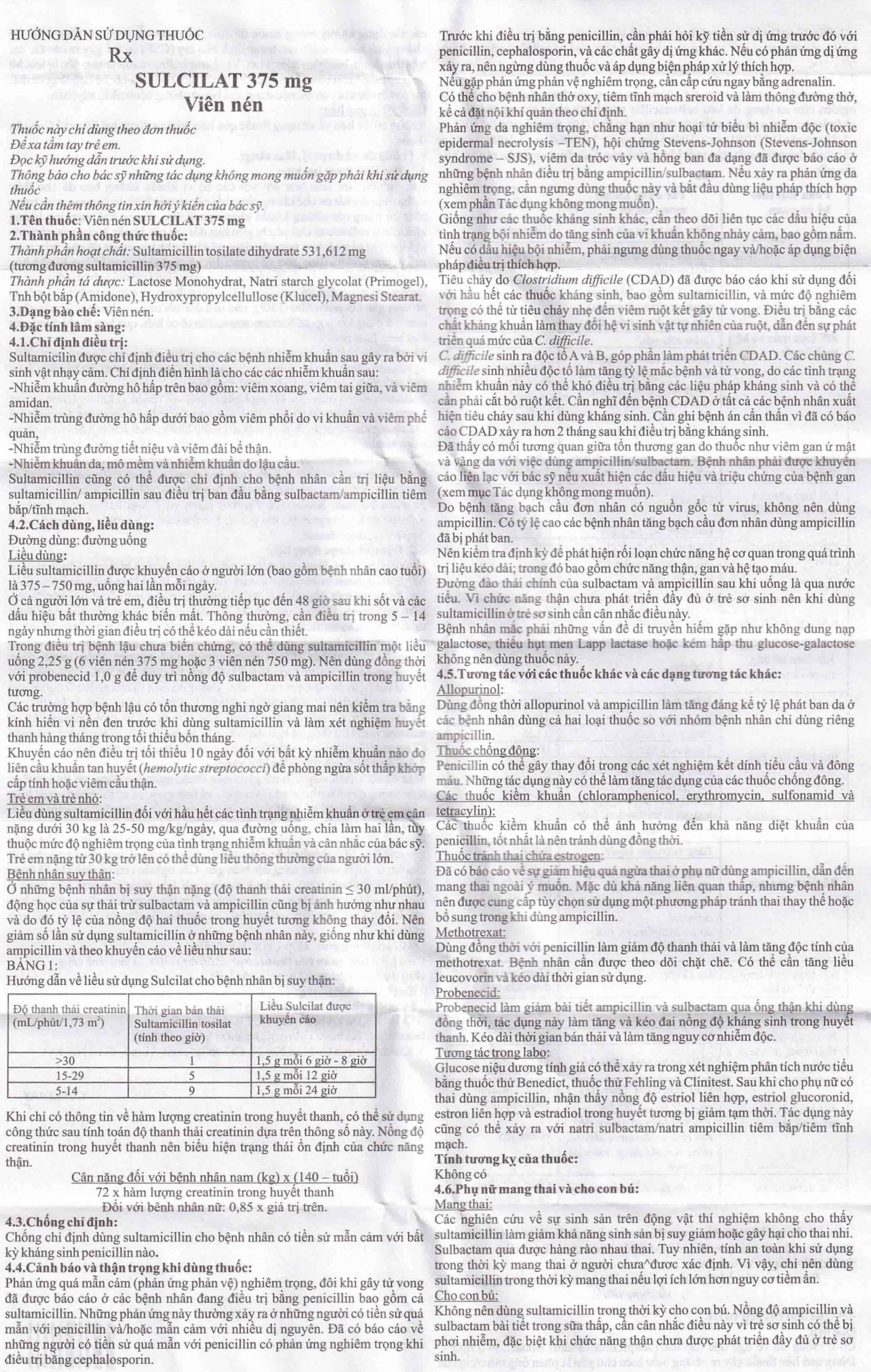 Thuốc Sulcilat Tablet 375mg Atabay điều trị các bệnh nhiễm khuẩn hô hấp (1 vỉ x 10 viên)