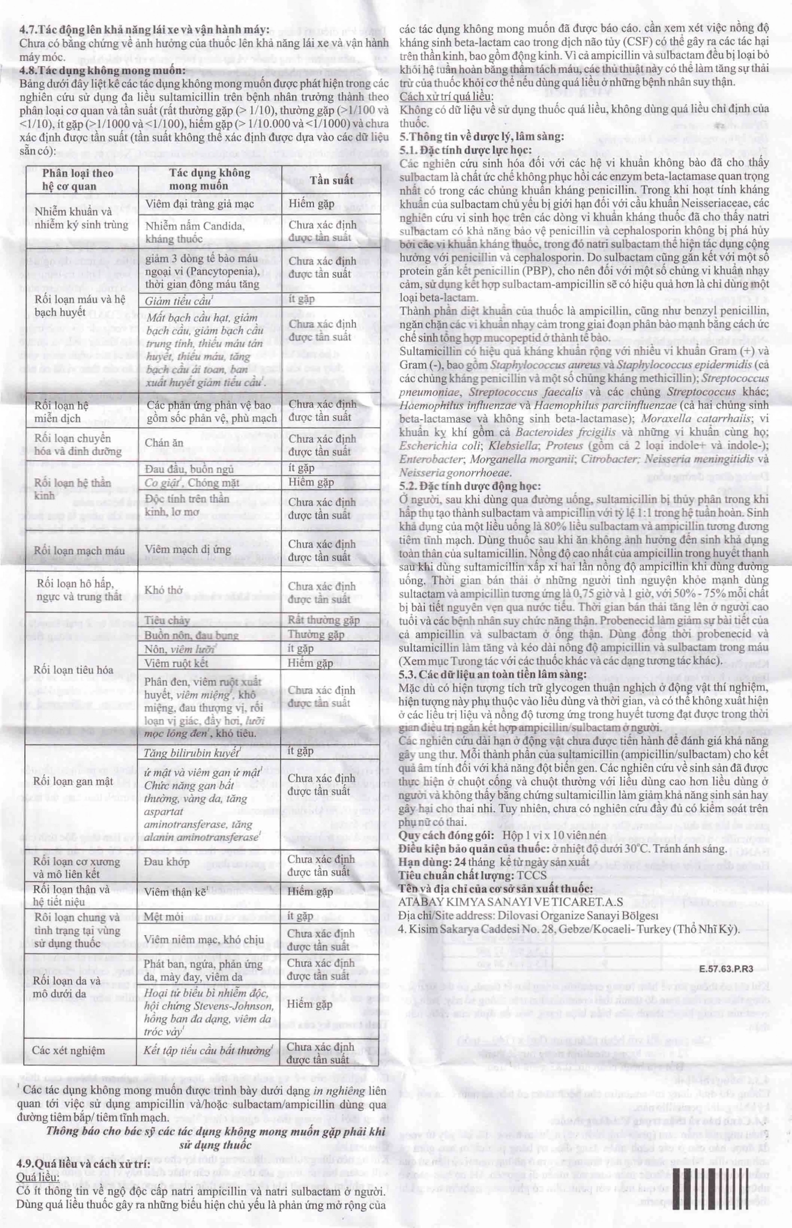 Thuốc Sulcilat Tablet 375mg Atabay điều trị các bệnh nhiễm khuẩn hô hấp (1 vỉ x 10 viên)