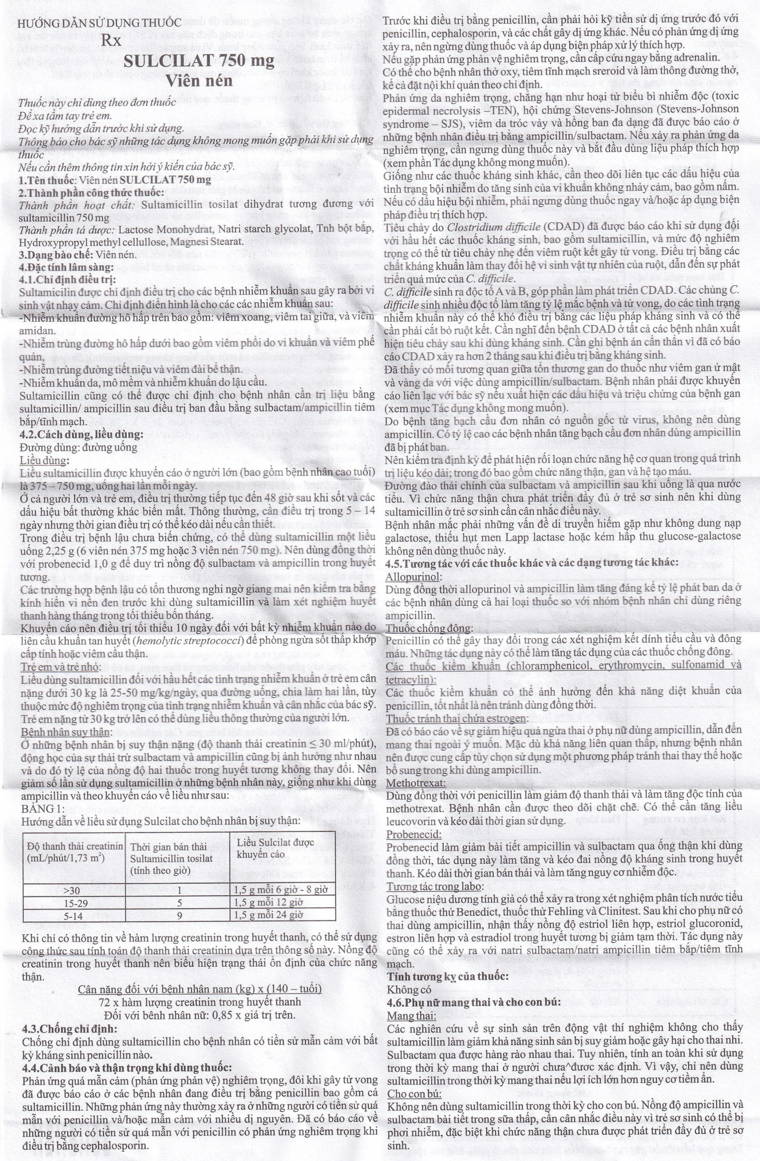 Thuốc Sulcilat 750mg Atabay điều trị các bệnh nhiễm khuẩn (1 vỉ x 10 viên)