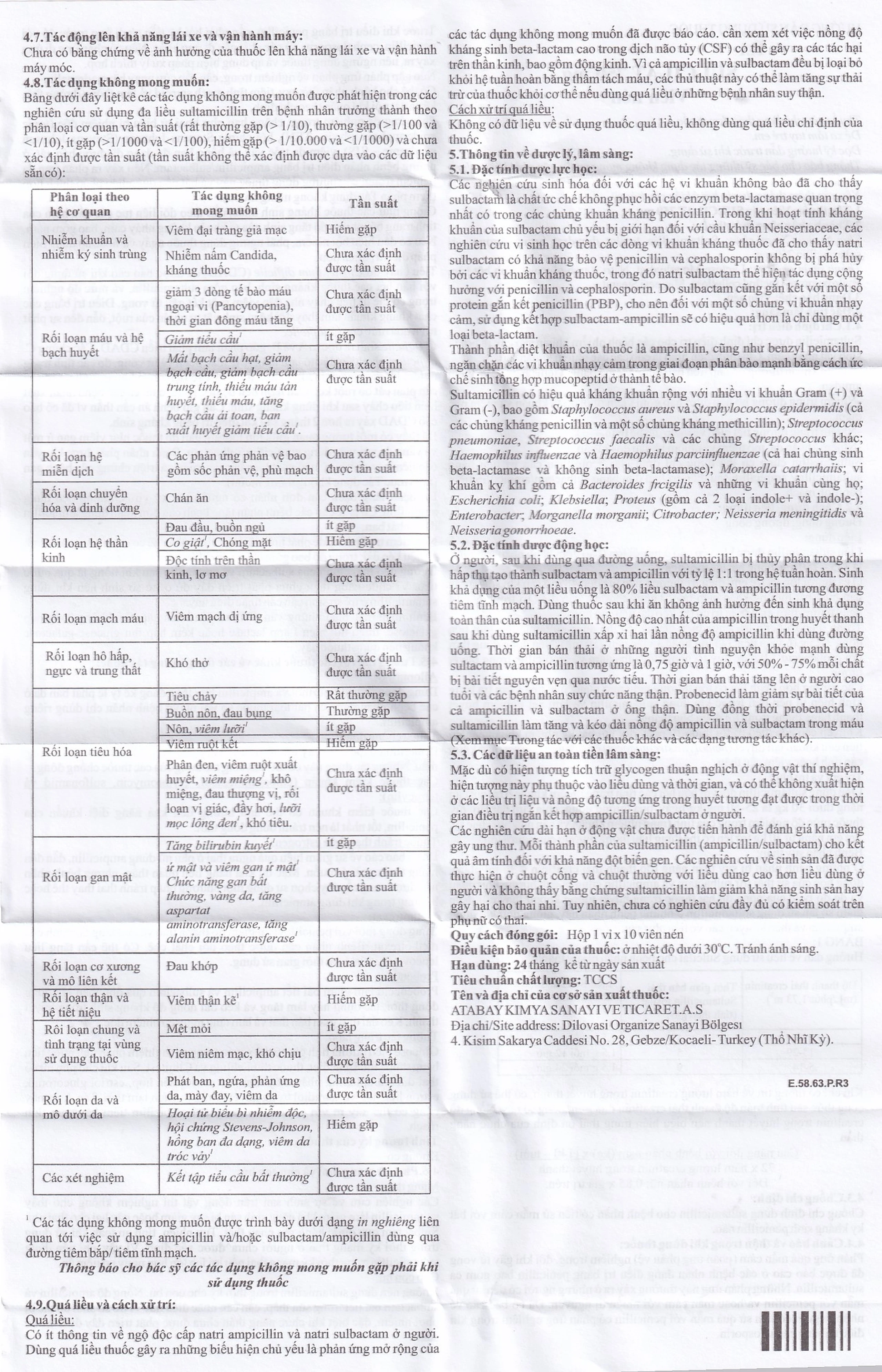 Thuốc Sulcilat 750mg Atabay điều trị các bệnh nhiễm khuẩn (1 vỉ x 10 viên)