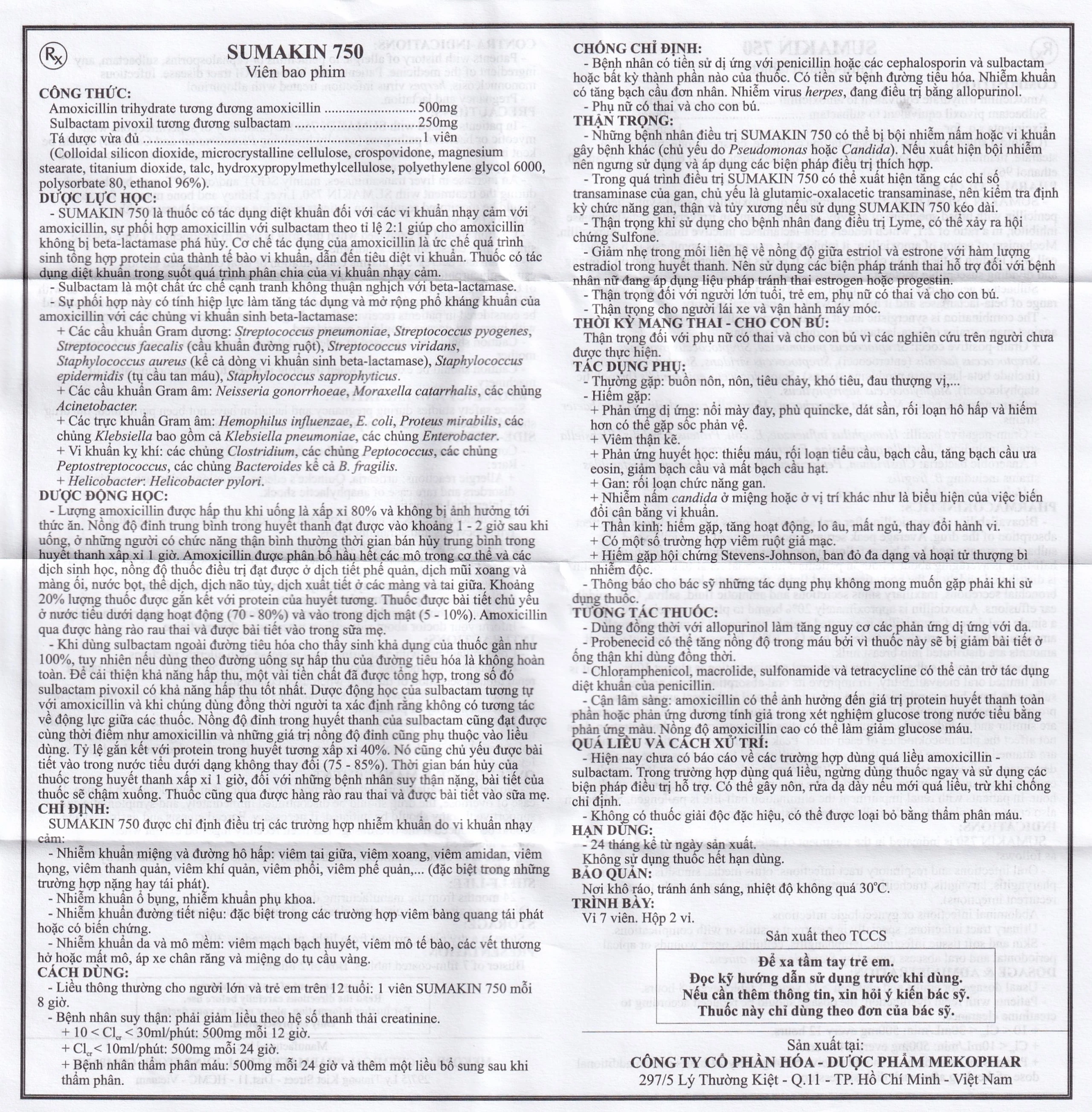 Thuốc Sumakin 750 Mekophar điều trị viêm tai giữa, viêm xoang (2 vỉ x 7 viên)