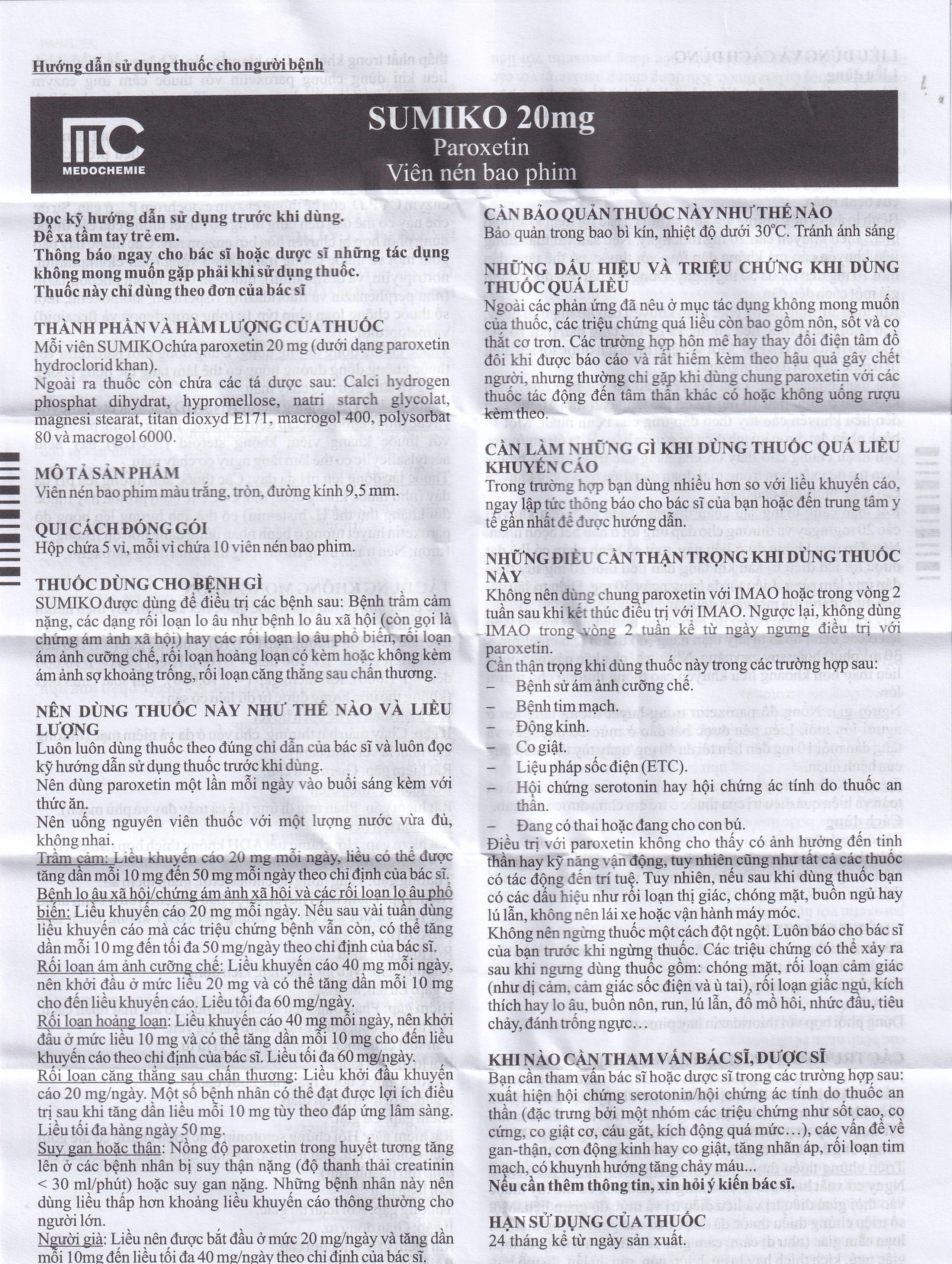 Thuốc Sumiko 20mg Medochemie điều trị bệnh trầm cảm (5 vỉ x 10 viên)