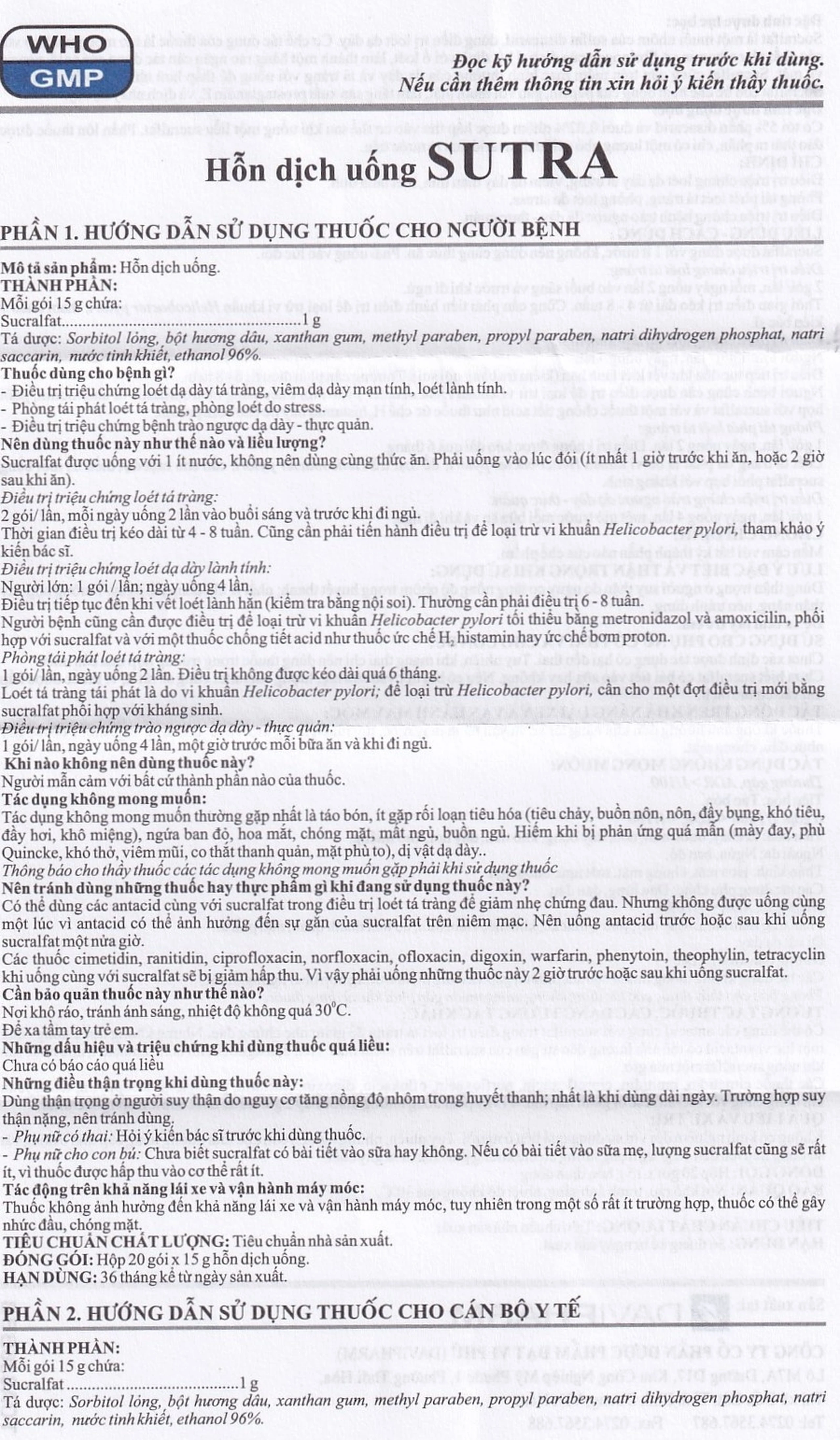 Hỗn dịch uống Sutra điều trị loét dạ dày, tá tràng (20 gói x 15g)