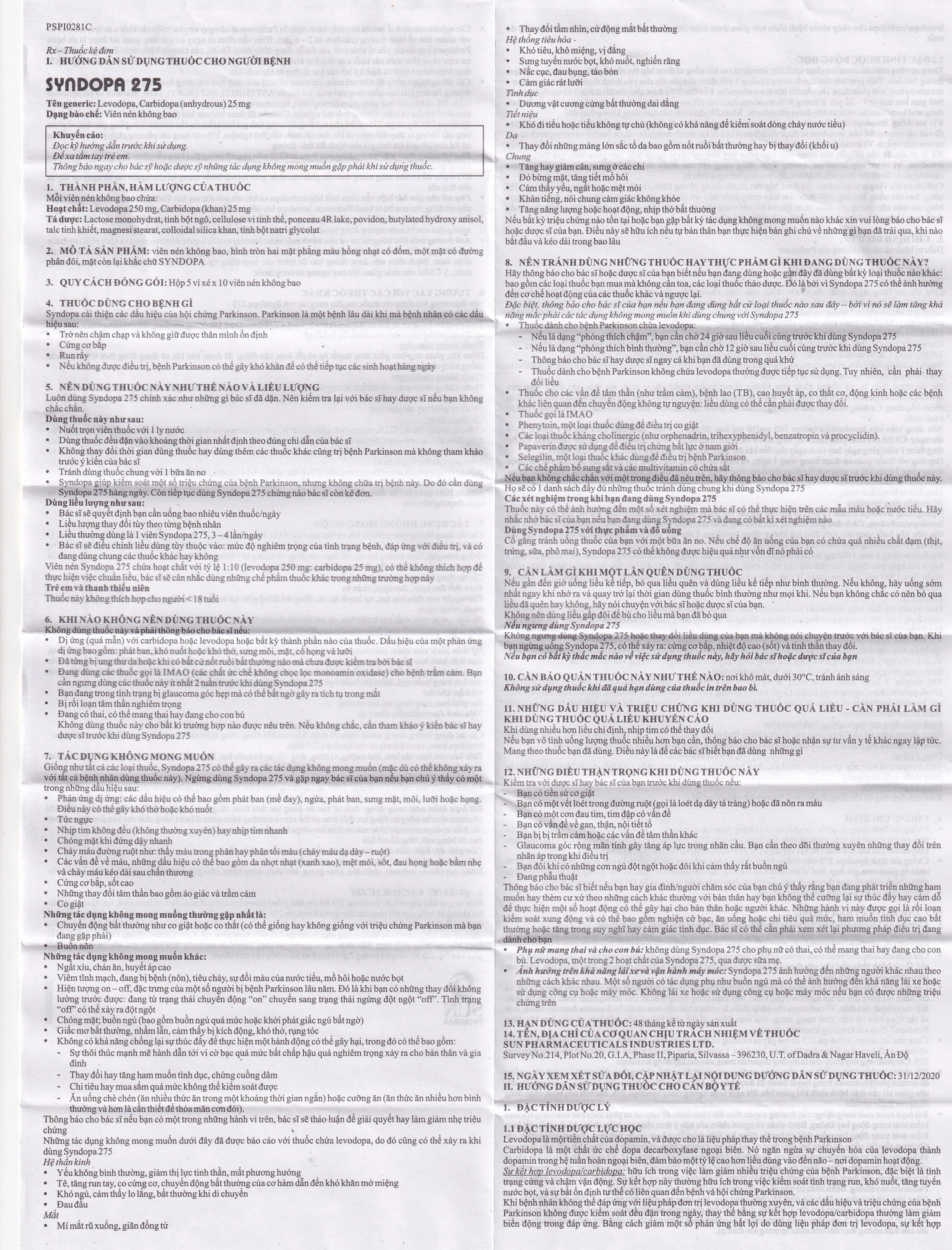 Thuốc Syndopa 275 Sun Pharma điều trị triệu chứng bệnh Parkinson (5 vỉ x 10 viên)
