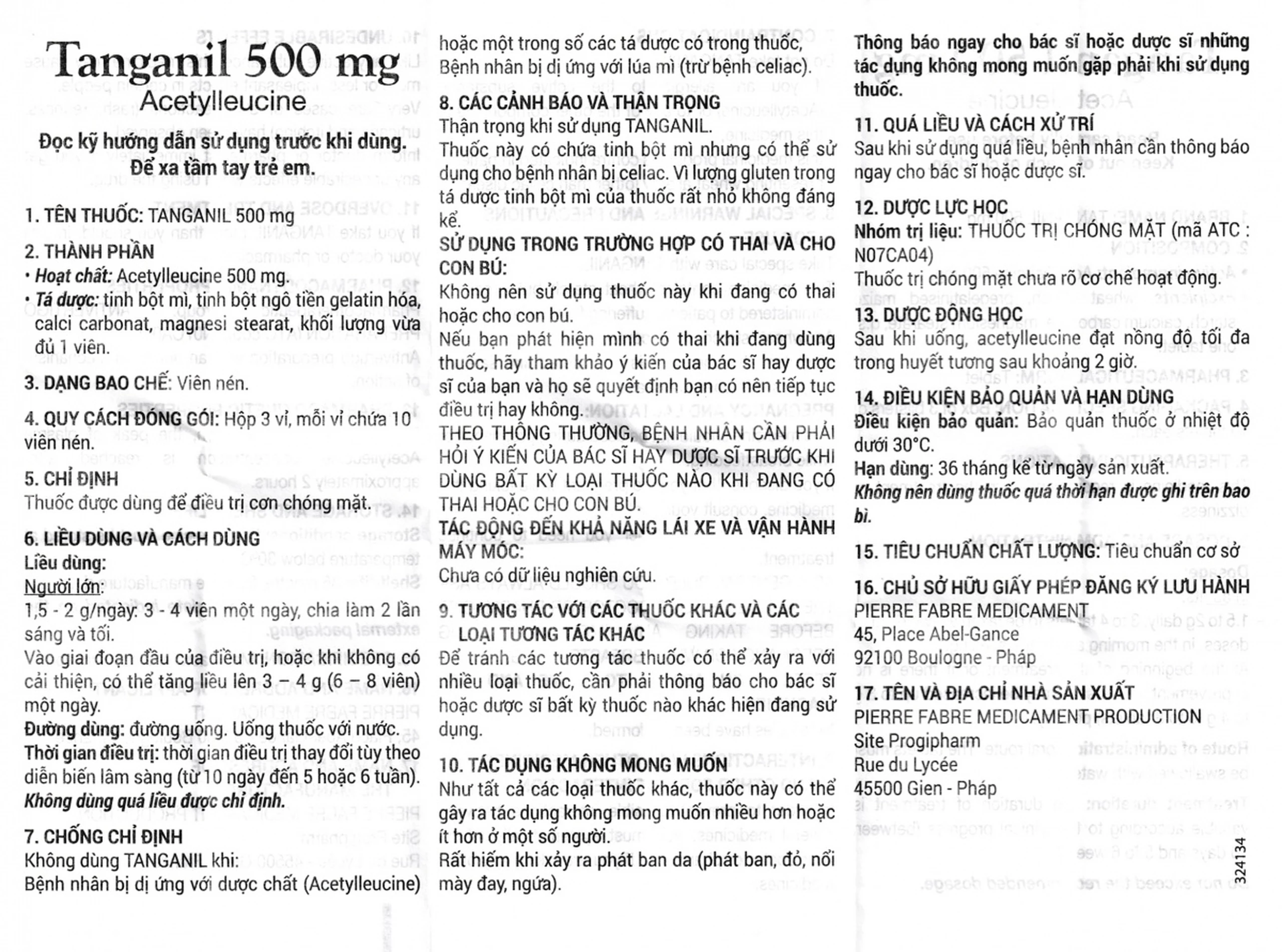 Thuốc Tanganil 500mg Pierre Fabre điều trị cơn chóng mặt (3 vỉ x 10 viên)