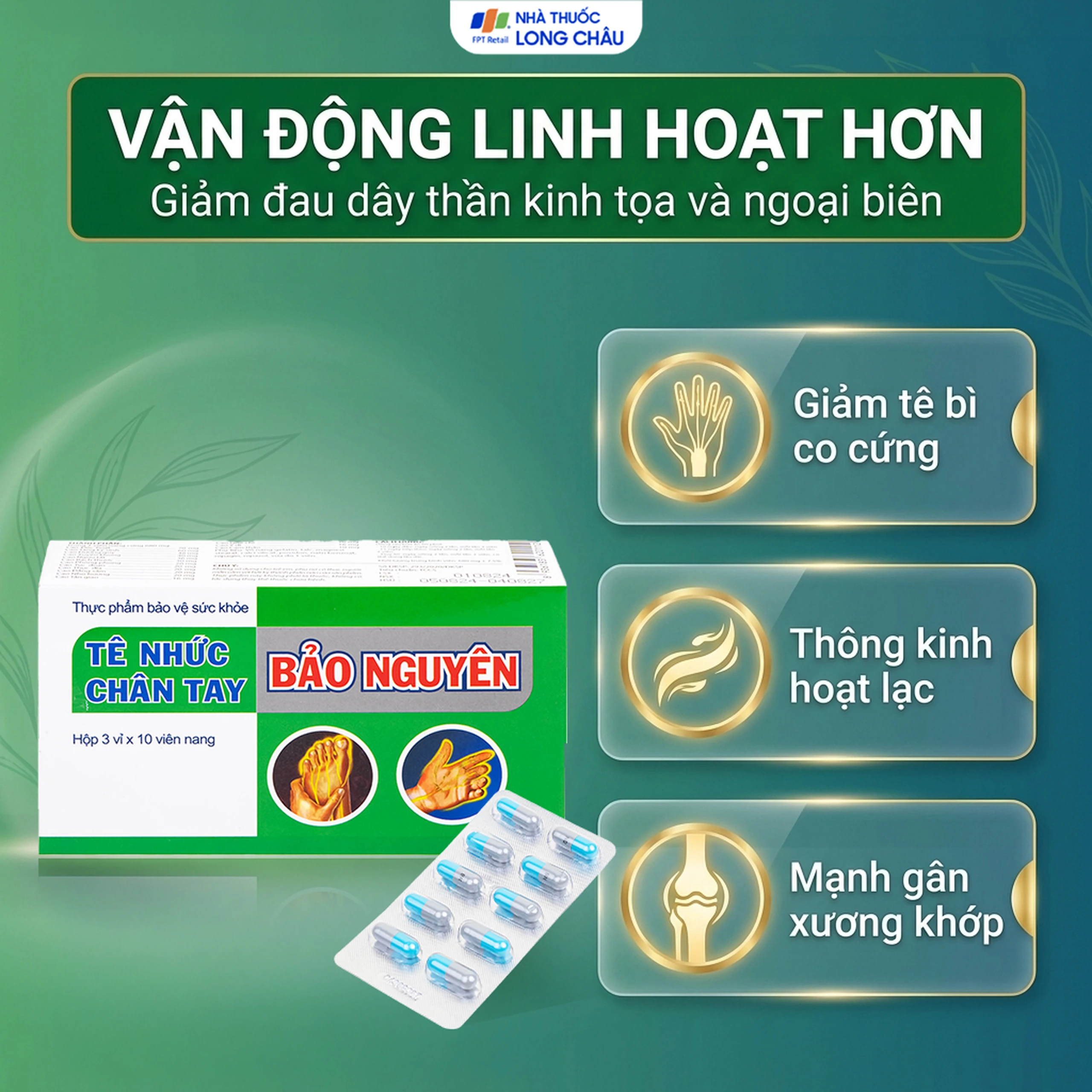 Viên uống hỗ trợ giảm tê nhức chân tay, đau mỏi vai gáy, tăng cường lưu thông khí huyết Tê Nhức Chân Tay Bảo Nguyên (3 vỉ x 10 viên) 3