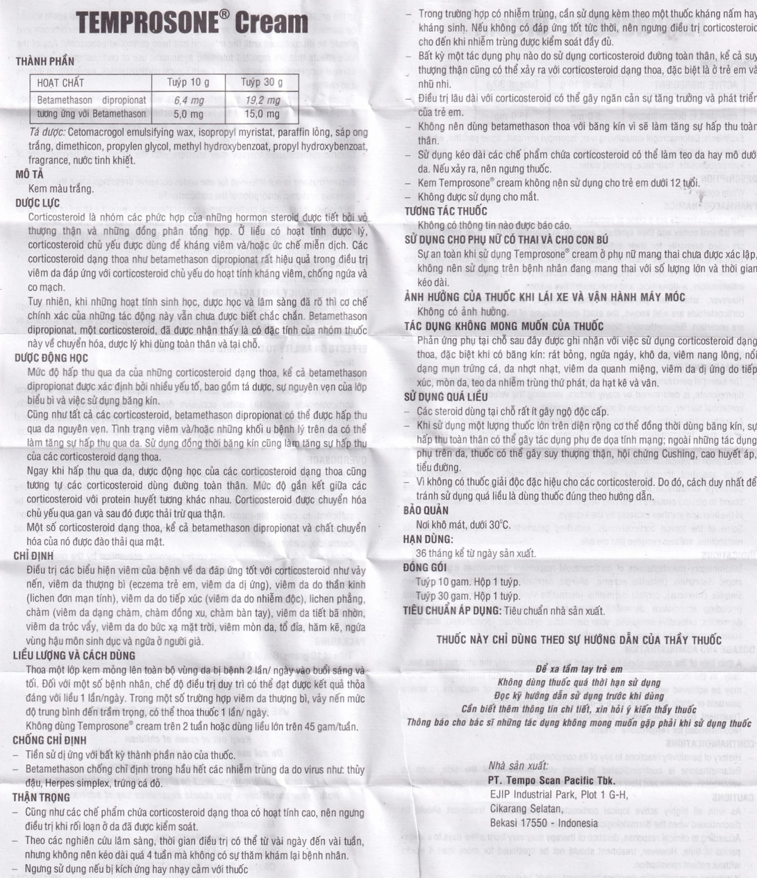 Kem bôi Temprosone Cream điều trị vảy nến, viêm da thượng bì (30g)