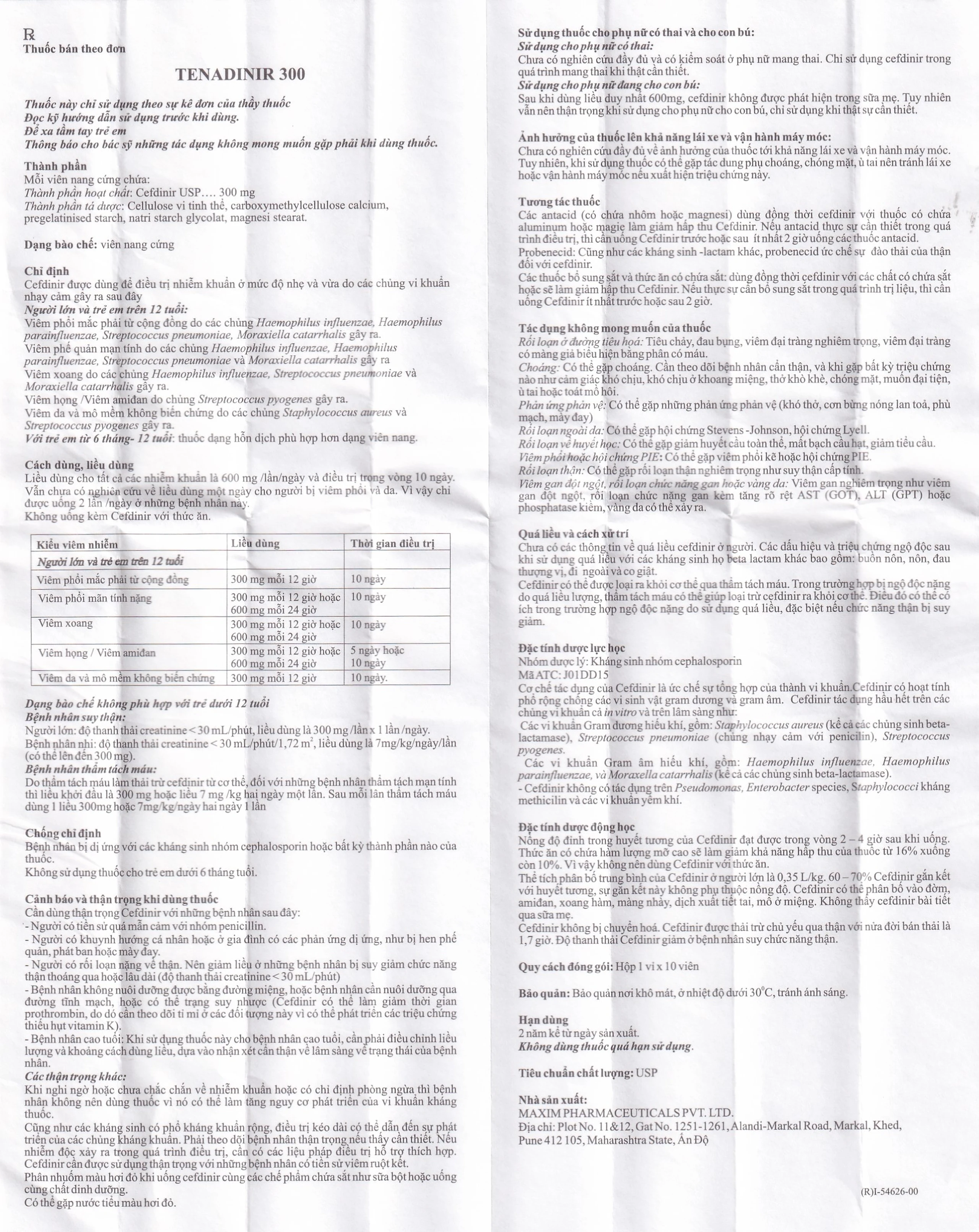 Thuốc Tenadinir Maxim điều trị nhiễm khuẩn nhẹ và vừa (1 vỉ x 10 viên)