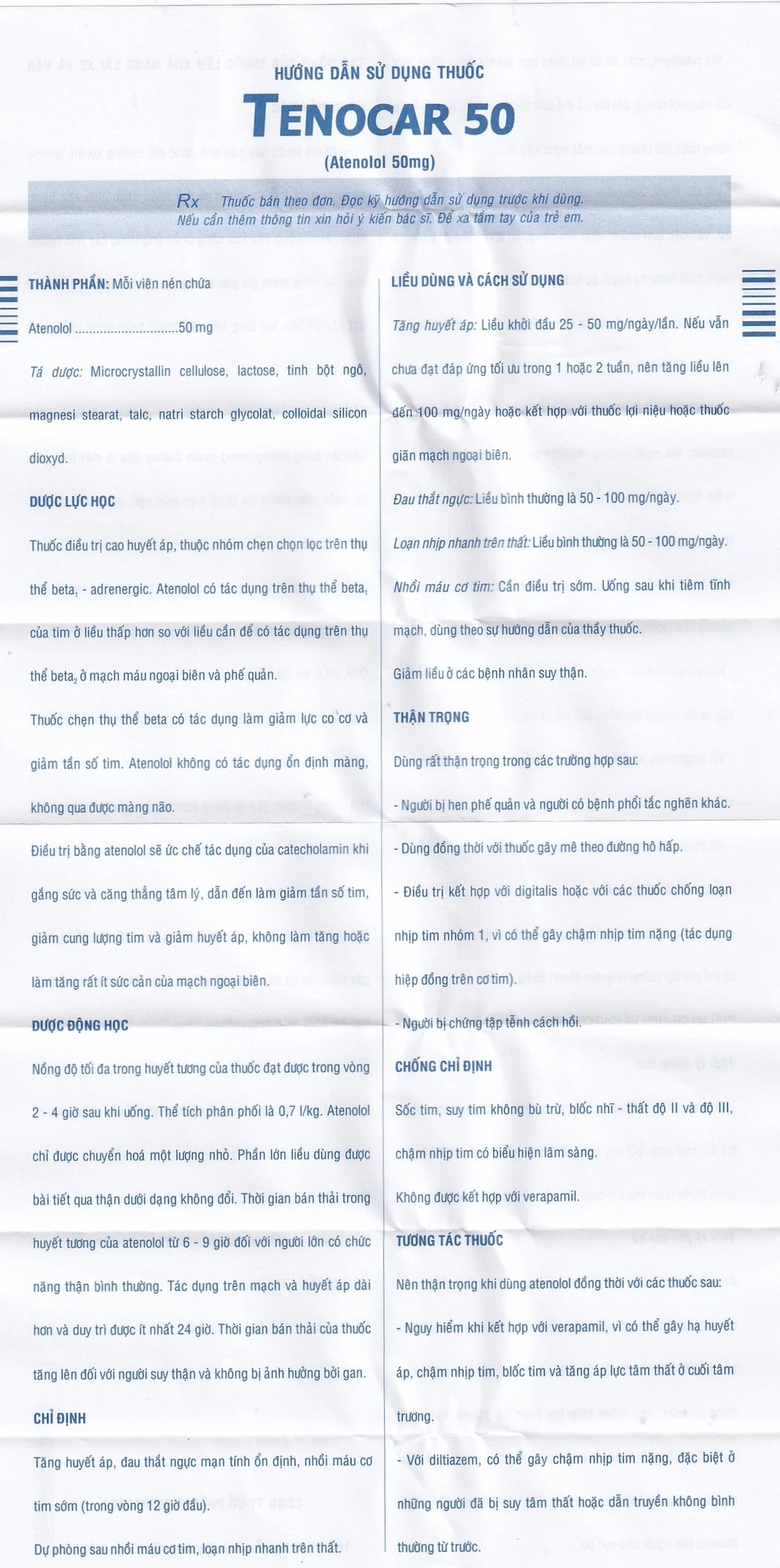 Thuốc Tenocar 50 Pymepharco điều trị tăng huyết áp, đau thắt ngực (2 vỉ x 15 viên)