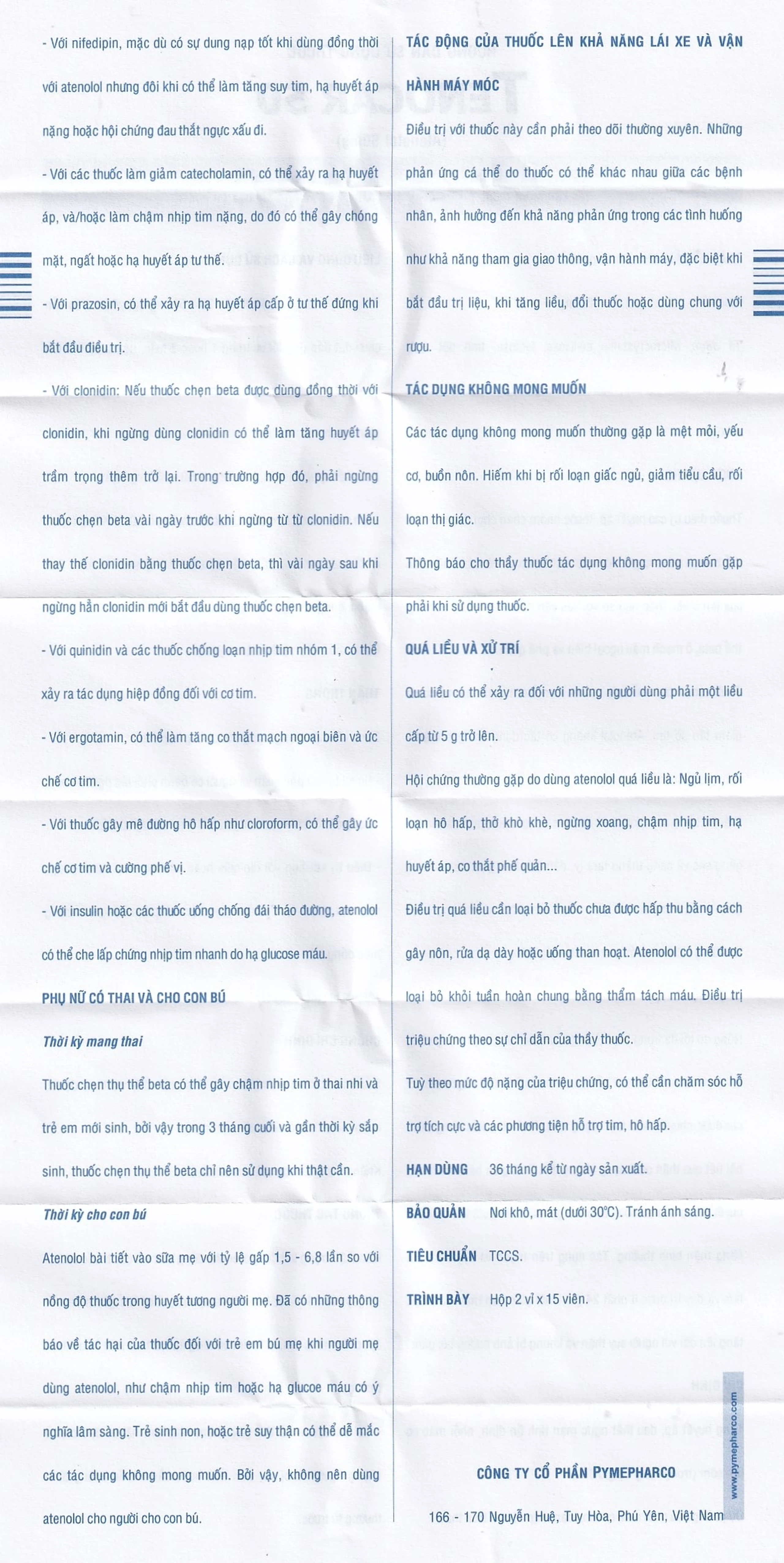 Thuốc Tenocar 50 Pymepharco điều trị tăng huyết áp, đau thắt ngực (2 vỉ x 15 viên)