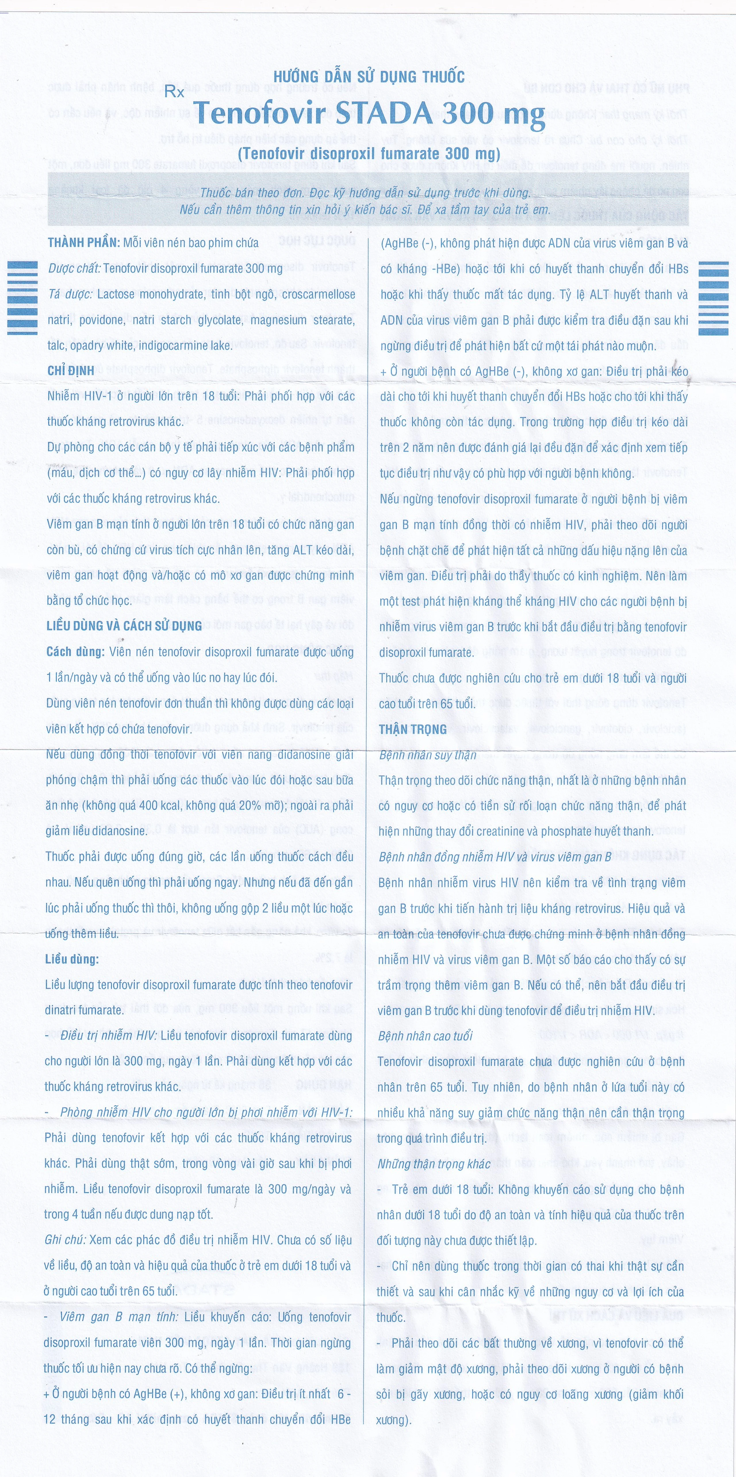 Thuốc Tenofovir STADA 300mg điều trị nhiễm HIV-1, viêm gan B (3 vỉ x 10 viên) 