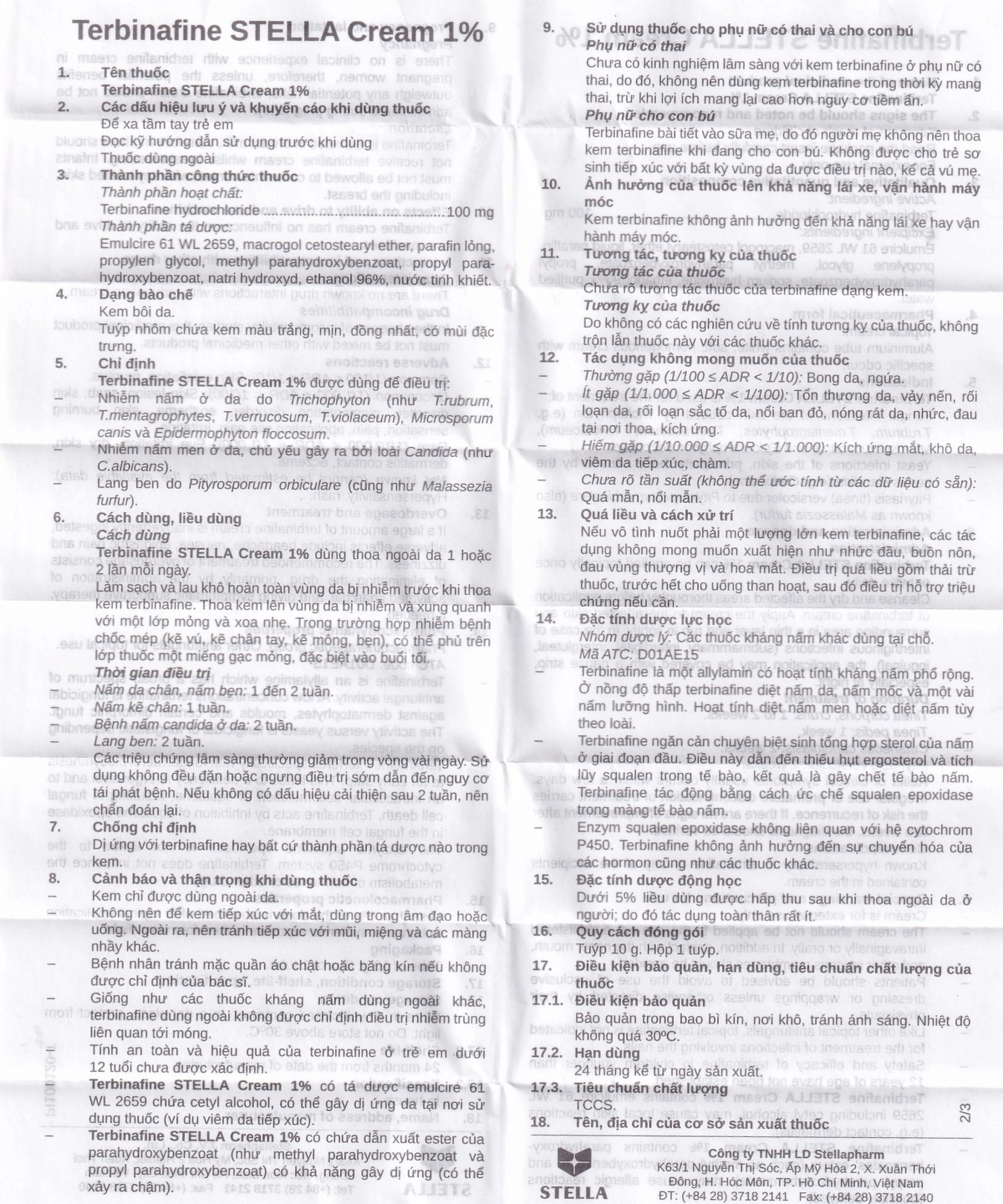 Kem bôi da Terbinafine Stella Cream 1% (10g) điều trị nhiễm nấm ở da, lang ben