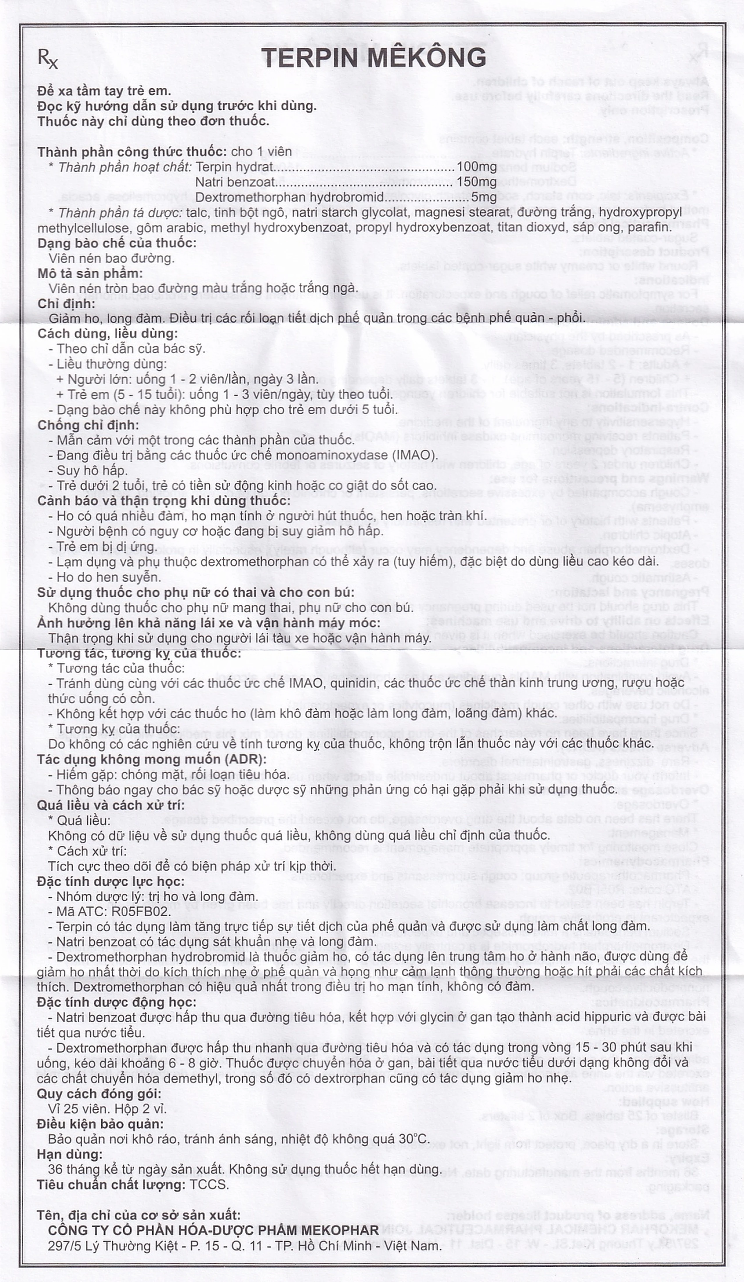 Thuốc Terpin Mekong Mekophar giảm ho, long đàm (2 vỉ x 25 viên)