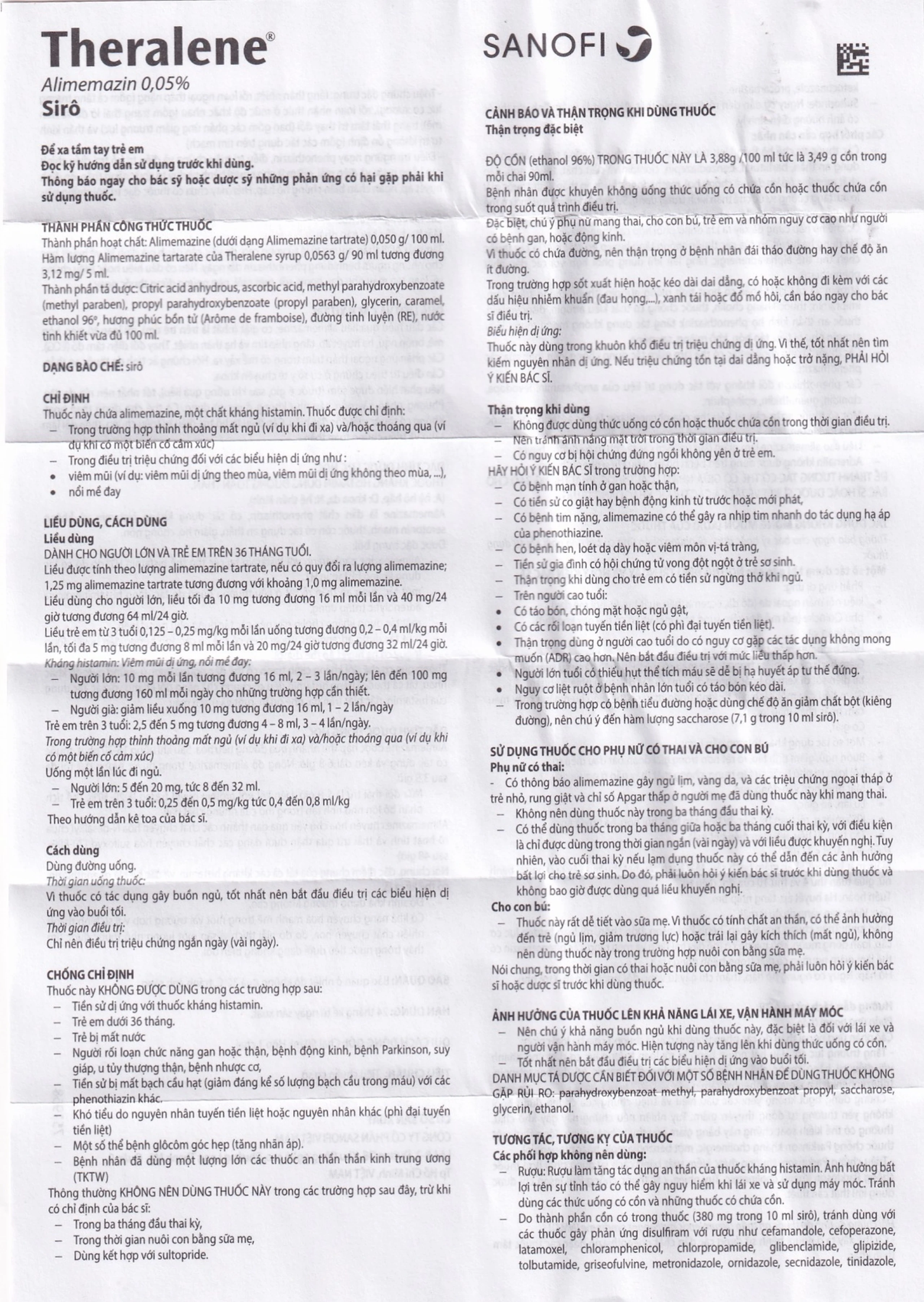 Siro Theralene Sanofi điều trị mất ngủ, viêm mũi (90ml)