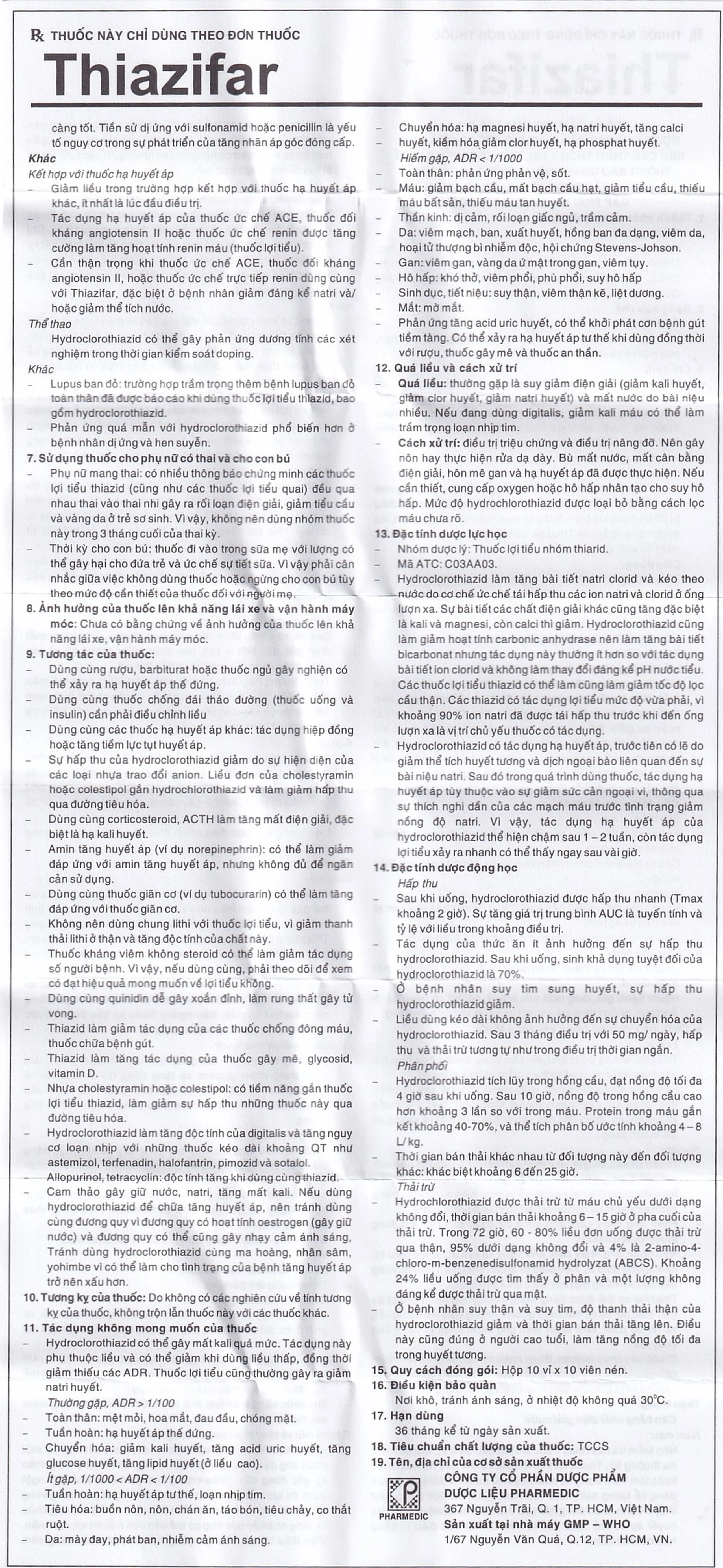 Thuốc Thiazifar Pharmedic điều trị suy tim, tăng huyết áp (10 vỉ x 10 viên) 