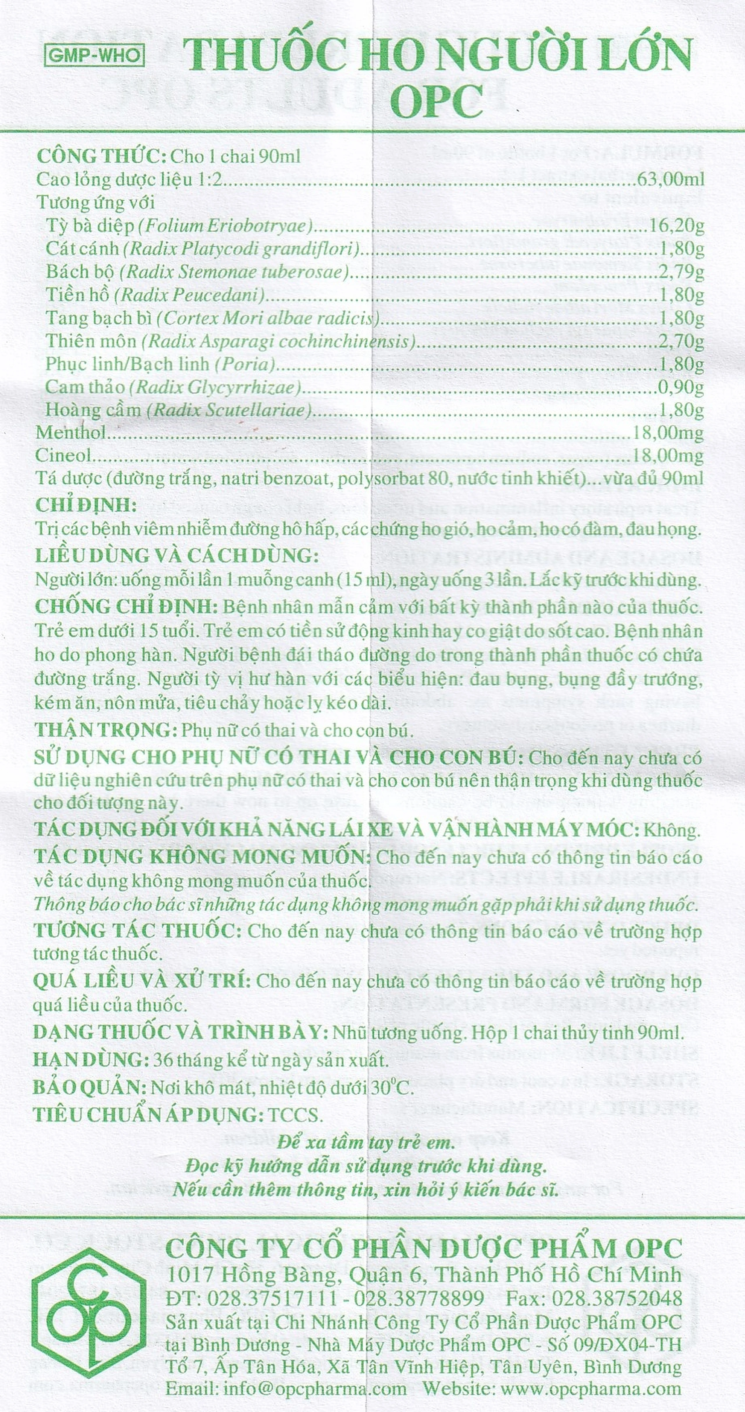Thuốc ho người lớn OPC điều trị viêm nhiễm đường hô hấp, các chứng ho gió (90ml)