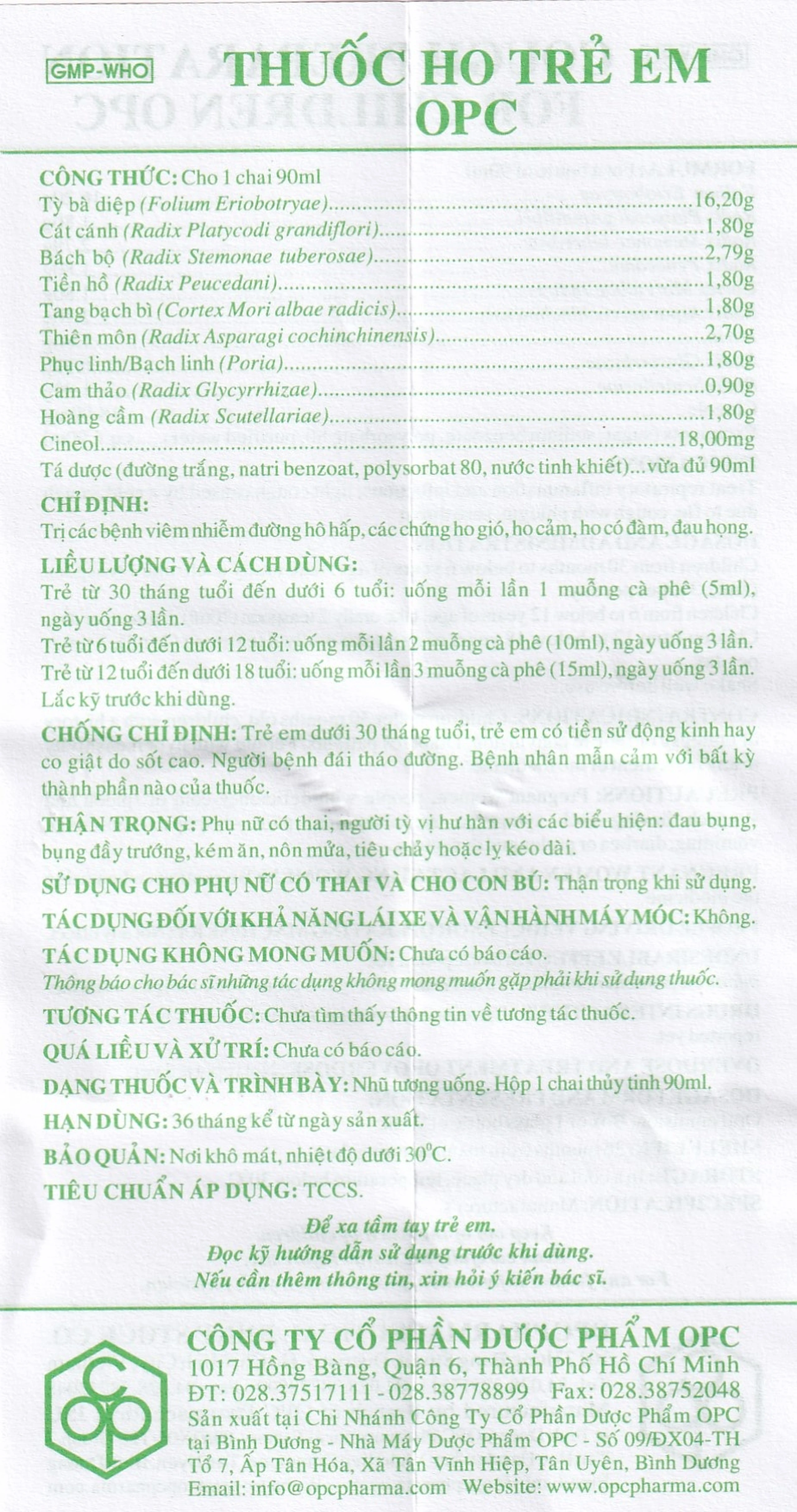 Siro ho trẻ em OPC điều trị viêm nhiễm đường hô hấp, các chứng ho gió, ho cảm, ho có đàm, đau họng (90ml)