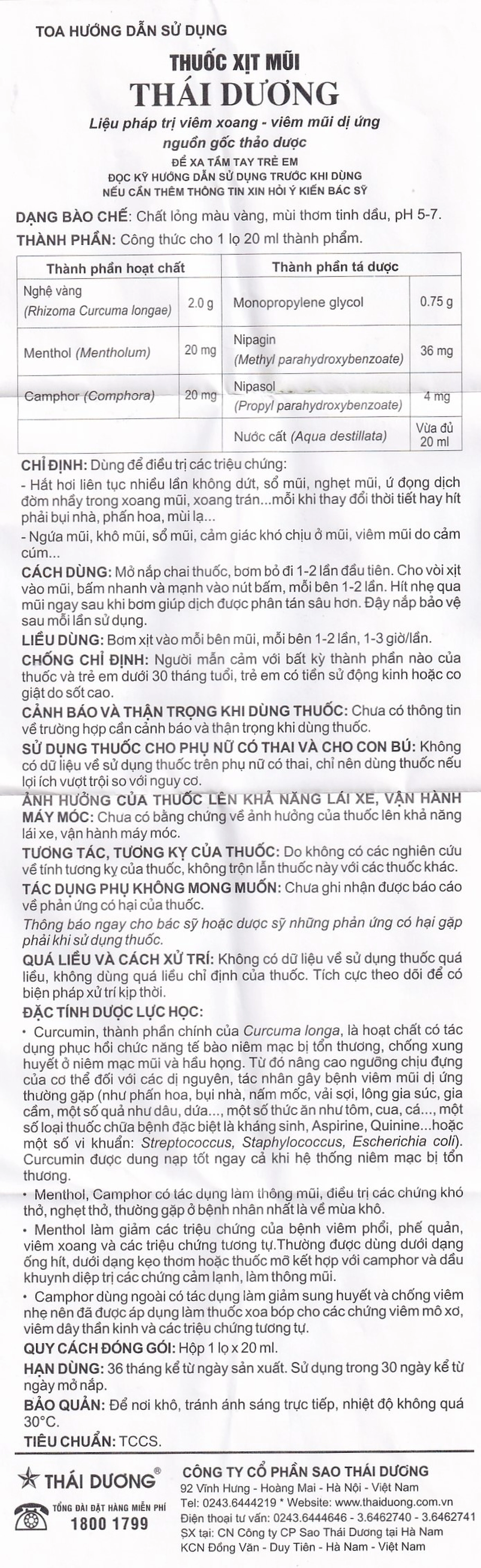 Thuốc xịt mũi Thái Dương điều trị hắt hơi, sổ mũi, nghẹt mũi (20ml)