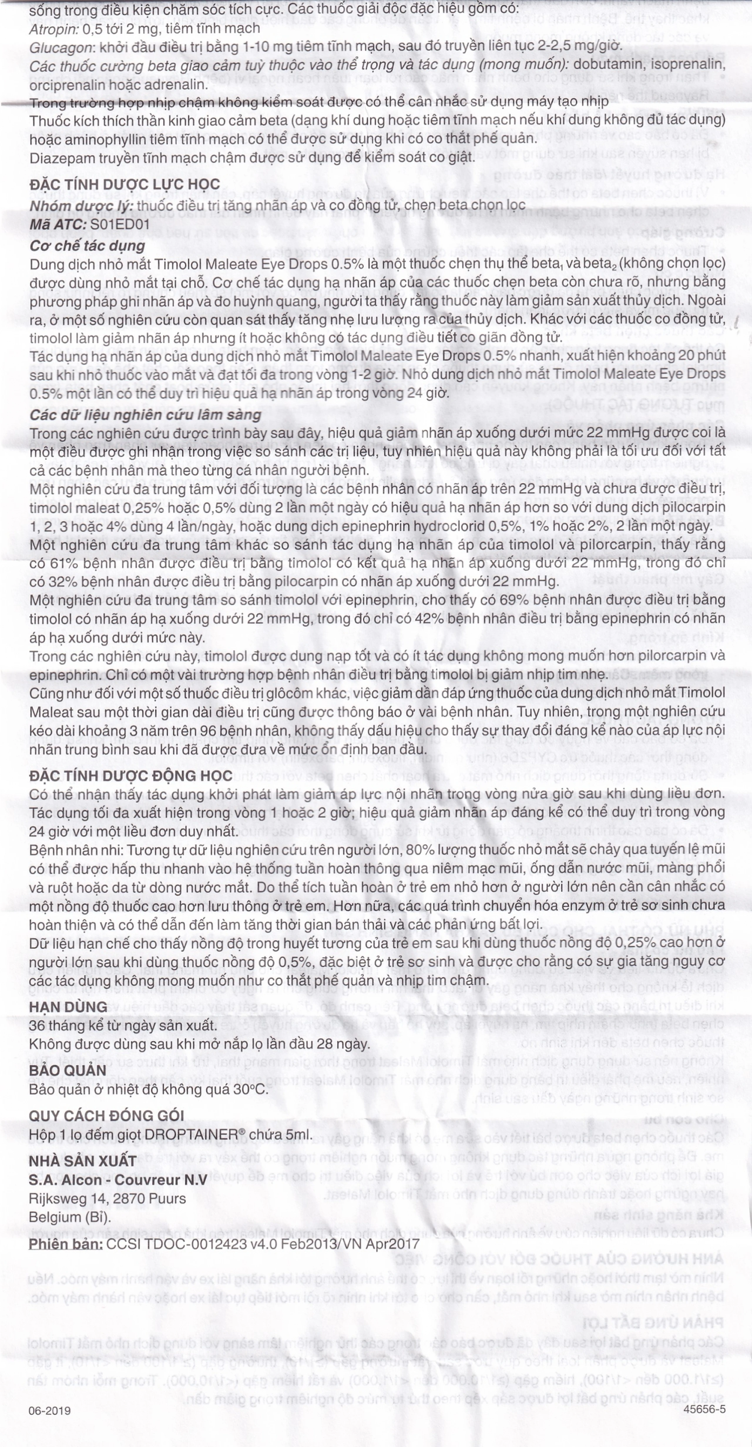Dung dịch nhỏ mắt Timolol Maleate Eye Drops 0.5% Alcon điều trị tăng nhãn áp (5ml)