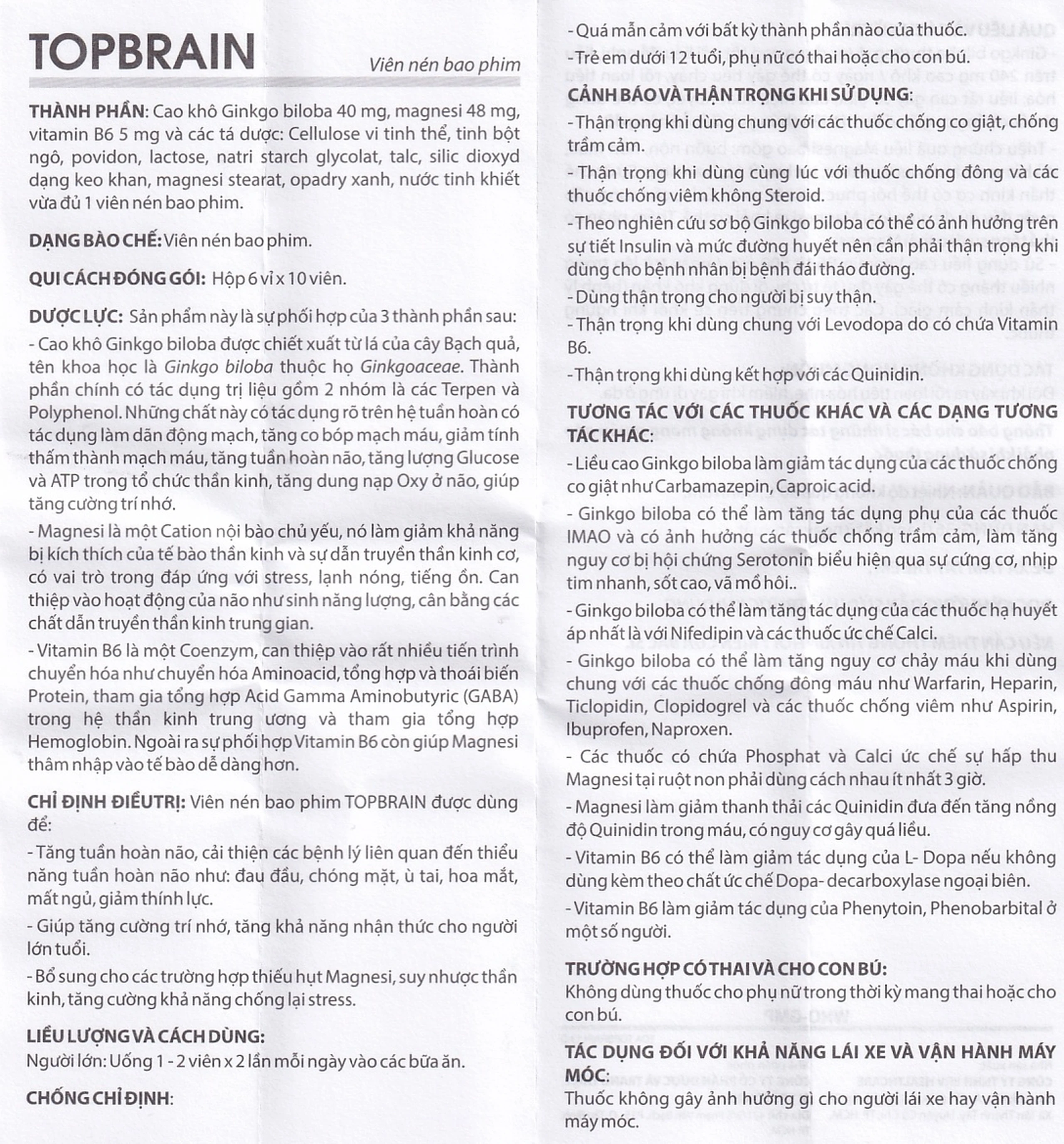 Thuốc Topbrain BV Pharma điều trị tăng tuần hoàn não, tăng cường trí nhớ (6 vỉ x 10 viên)