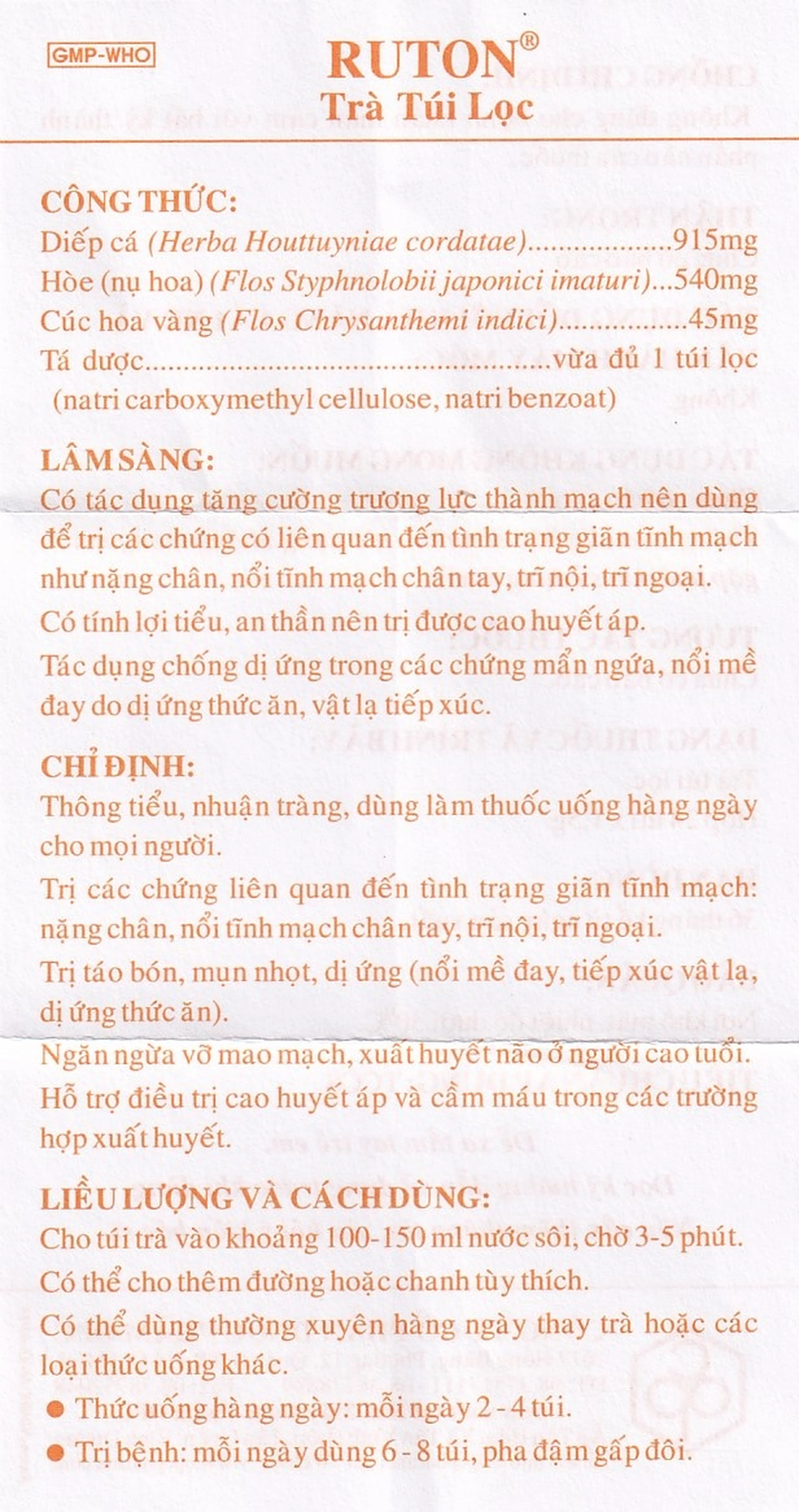 Trà túi lọc Ruton OPC thông tiểu, nhuận tràng, điều trị giãn tĩnh mạch (24 túi x 1,5g)
