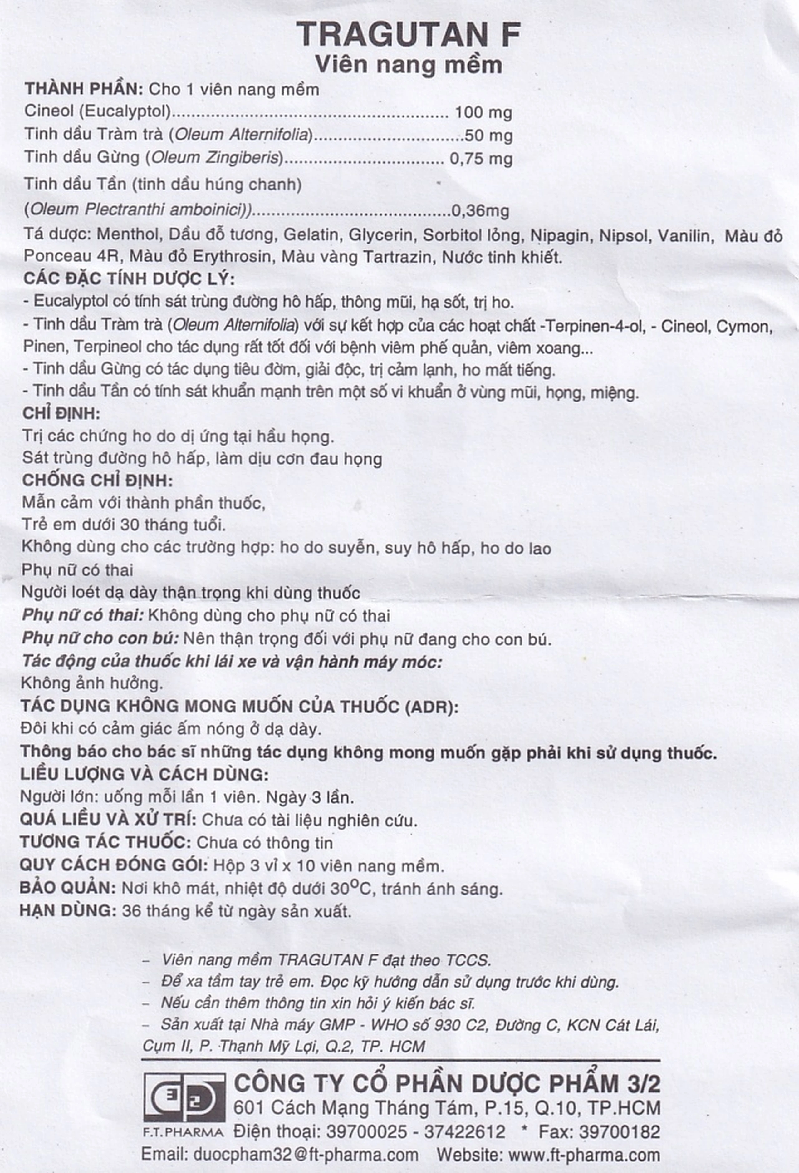 Thuốc Tragutan F Dược 3-2 điều trị các chứng ho, sát trùng đường hô hấp (3 vỉ x 10 viên)