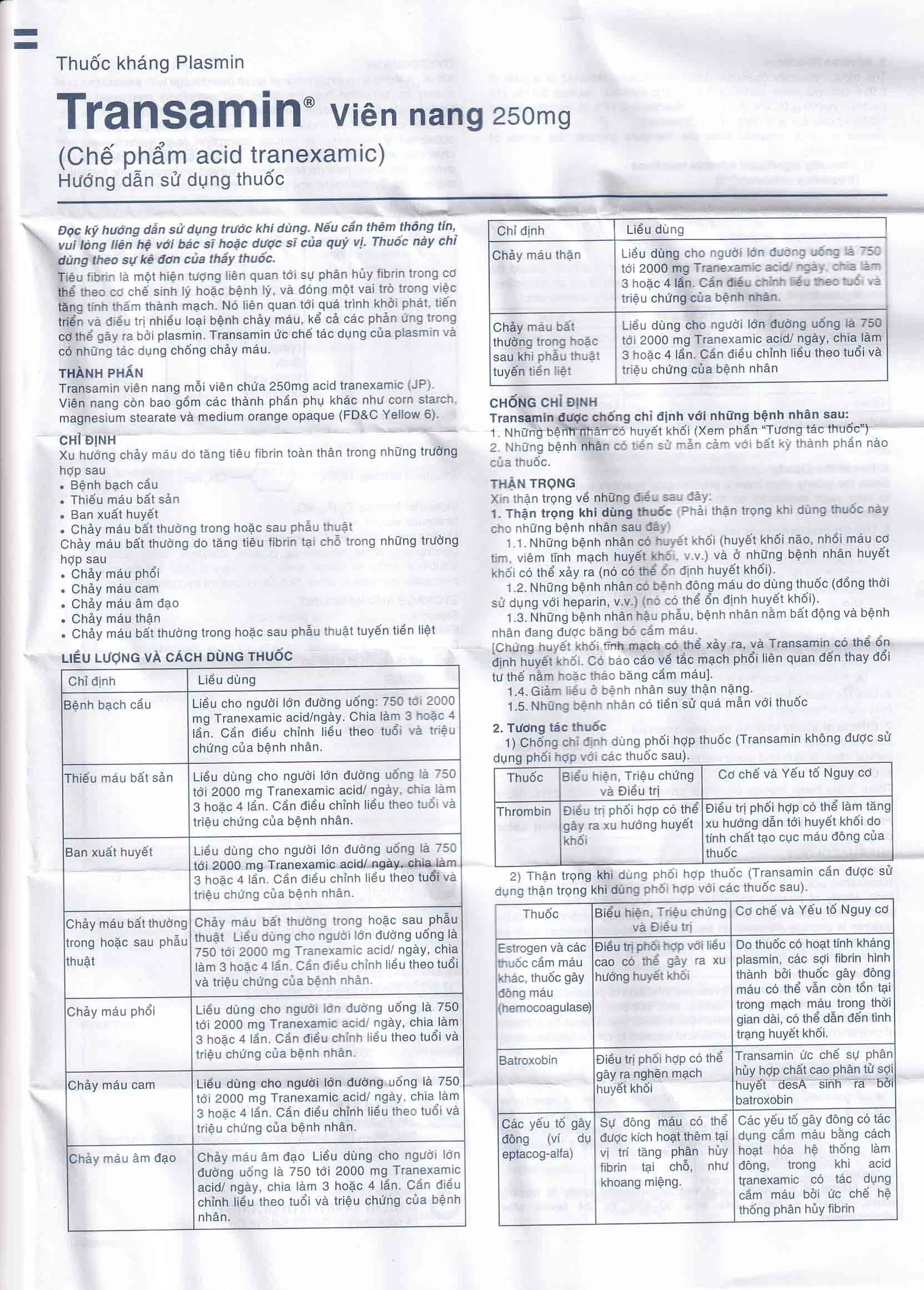 Thuốc Transamin Olic điều trị bệnh bạch cầu, thiếu máu bất sản (10 vỉ x 10 viên)