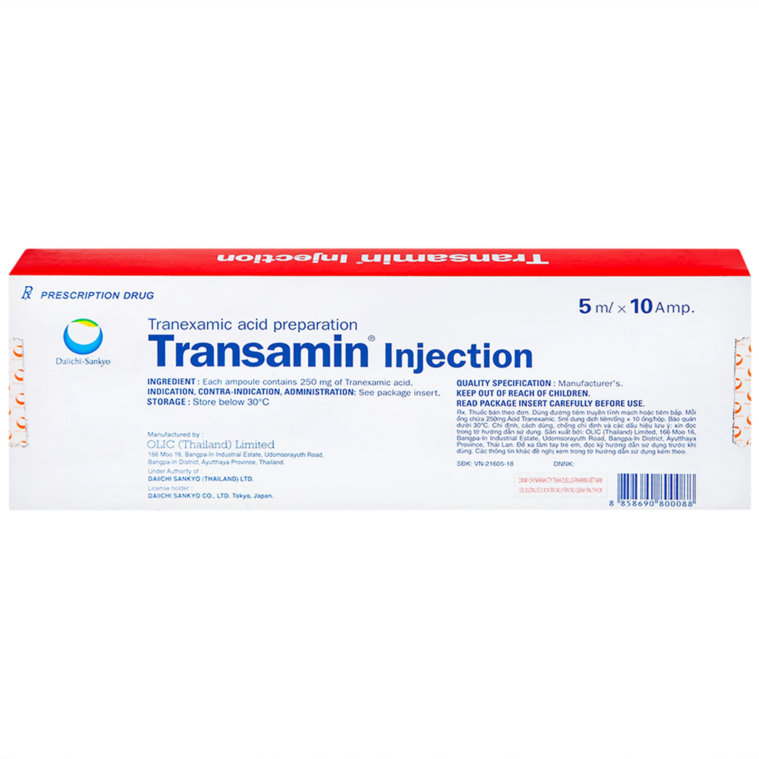 Thuốc tiêm Transamin Injection Daiichi điều trị bệnh bạch huyết, thiếu máu không tái tạo (1 vỉ x 10 ống x 5ml)
