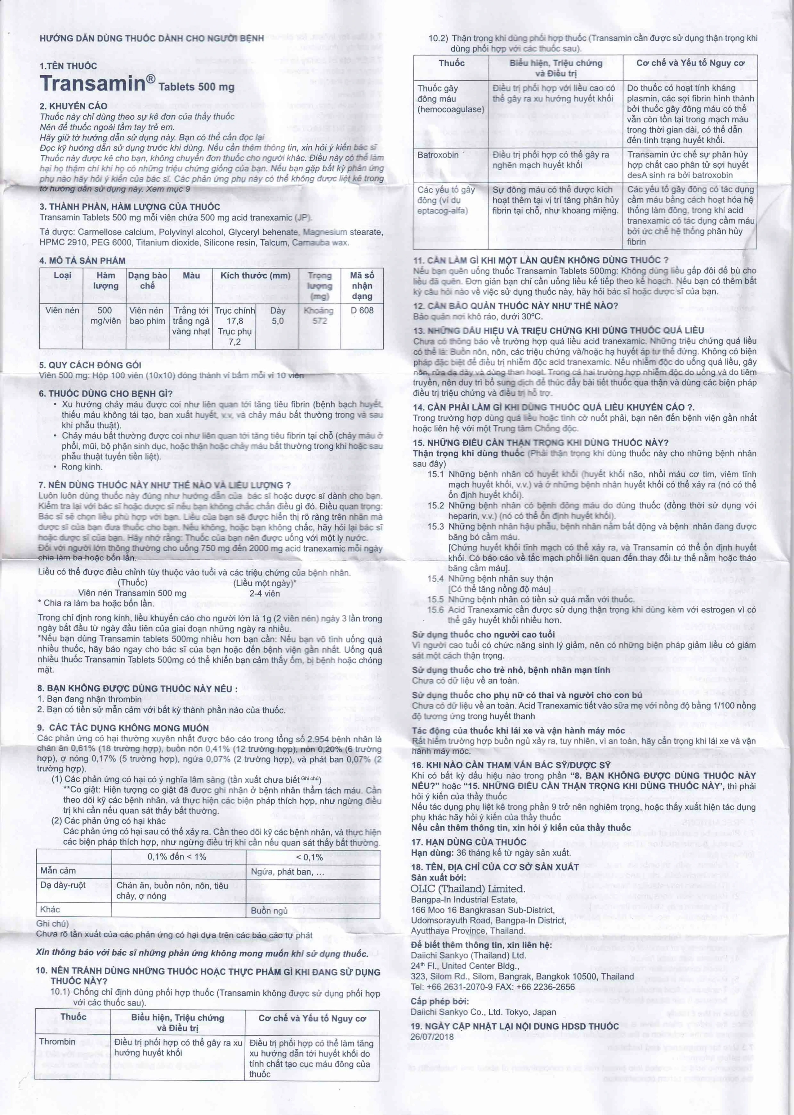 Thuốc Transamin Tab.500mg Daiichi điều trị bệnh bạch huyết, thiếu máu không tái tạo (10 vỉ x 10 viên)