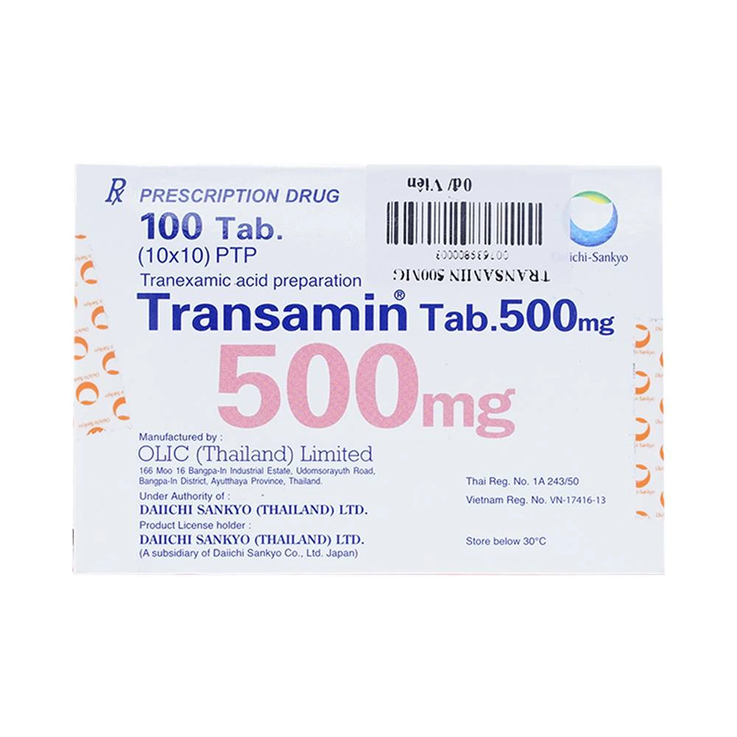 Thuốc Transamin Tab.500mg Daiichi điều trị bệnh bạch huyết, thiếu máu không tái tạo (10 vỉ x 10 viên)