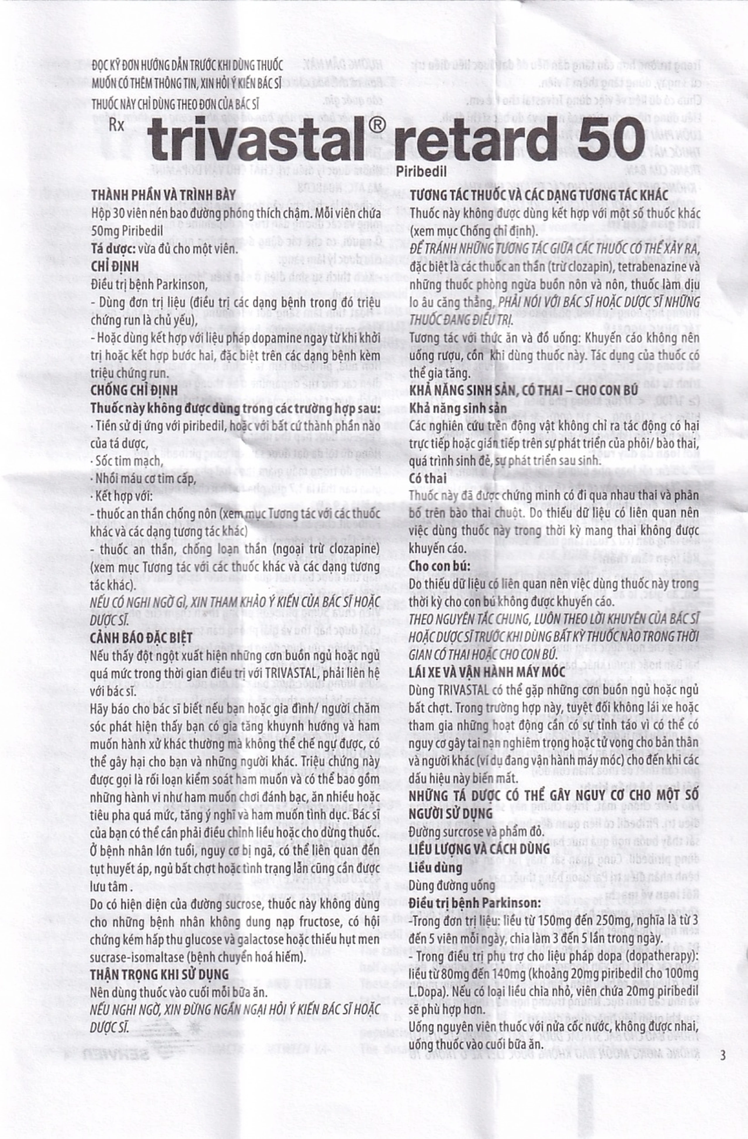 Thuốc Trivastal Retard 50 Servier điều trị bệnh Parkinson (2 vỉ x 15 viên)