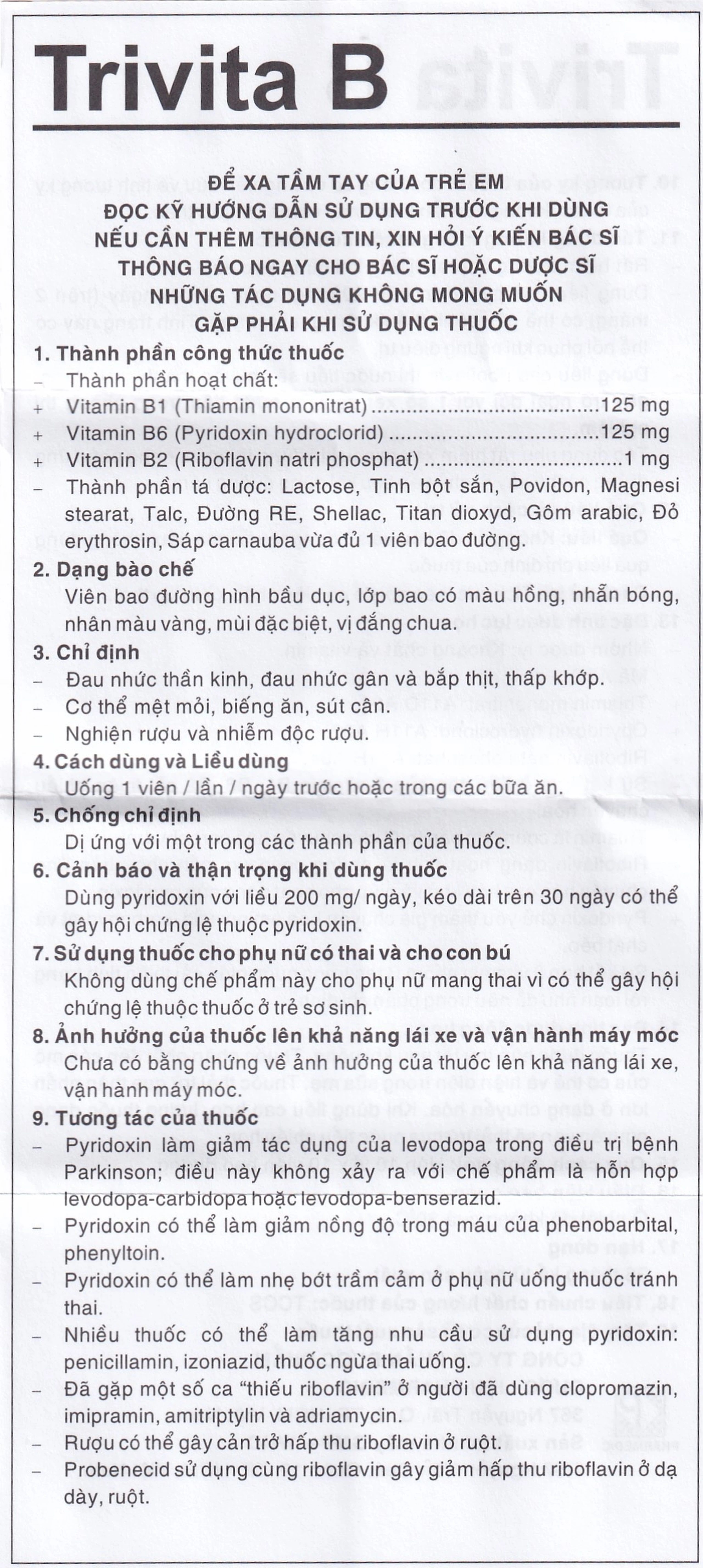 Thuốc Trivita B Pharmedic điều trị đau nhức thần kinh (10 vỉ x 10 viên)