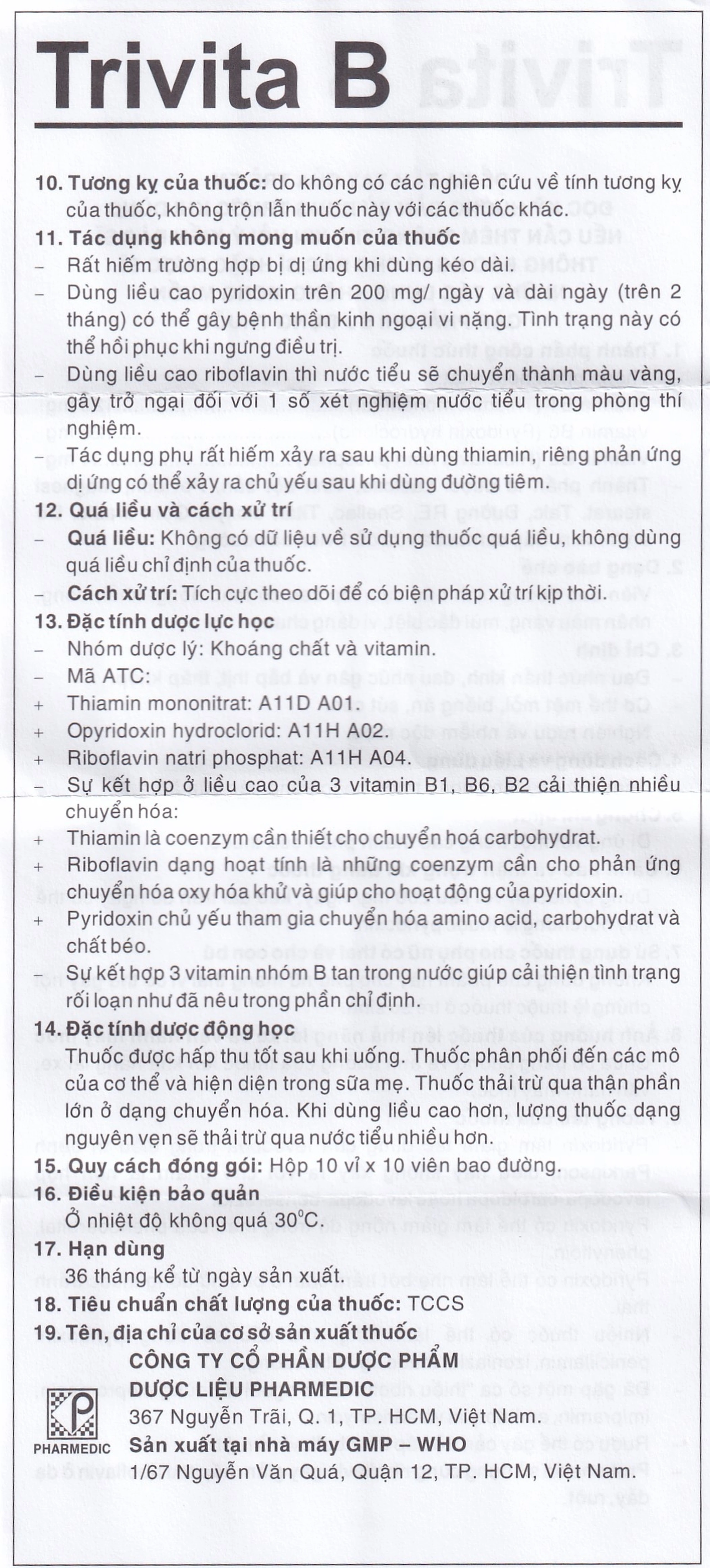 Thuốc Trivita B Pharmedic điều trị đau nhức thần kinh (10 vỉ x 10 viên)
