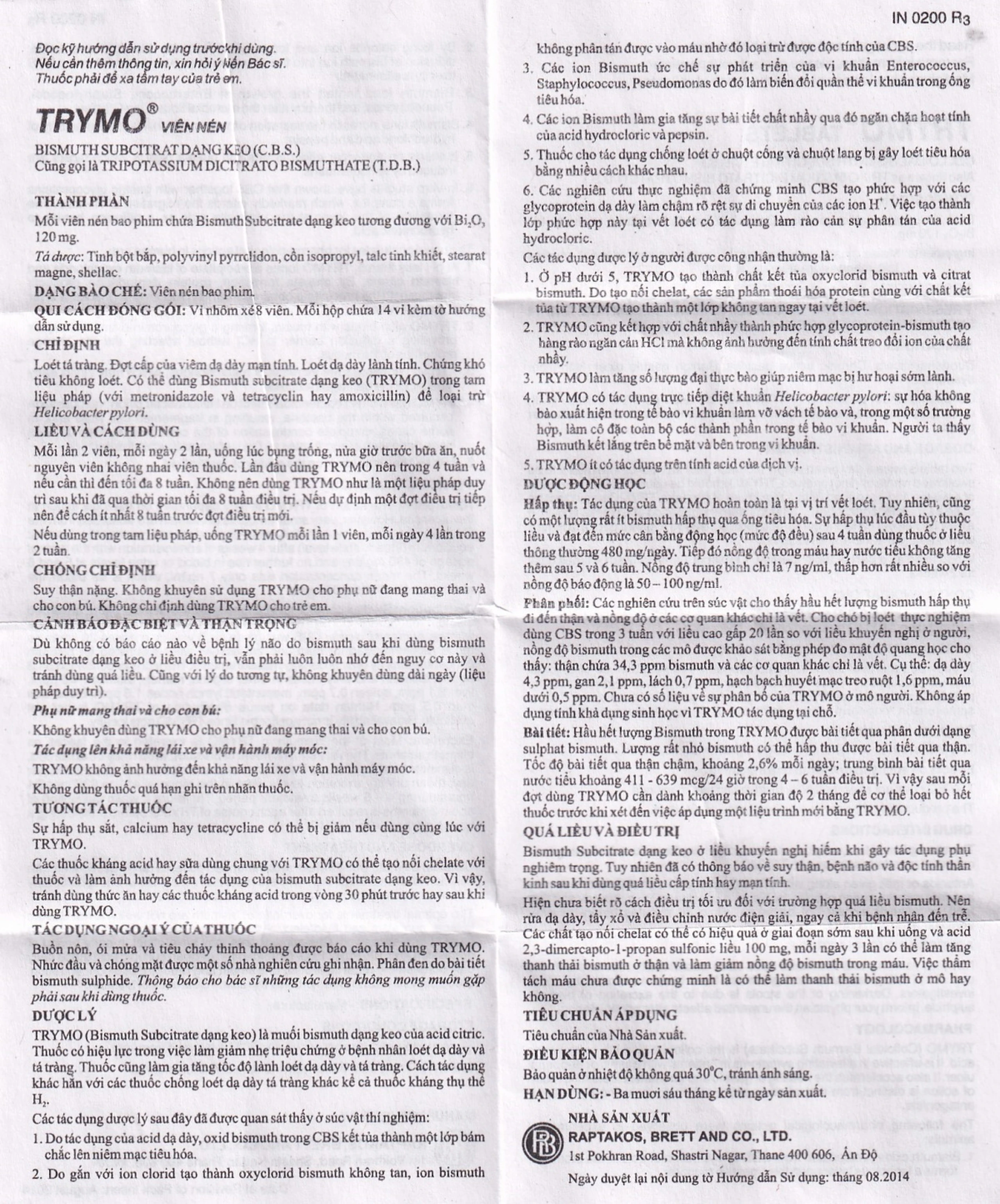 Thuốc Trymo Raptakos điều trị điều trị loét tá tràng, viêm dạ dày (14 vỉ x 8 viên)