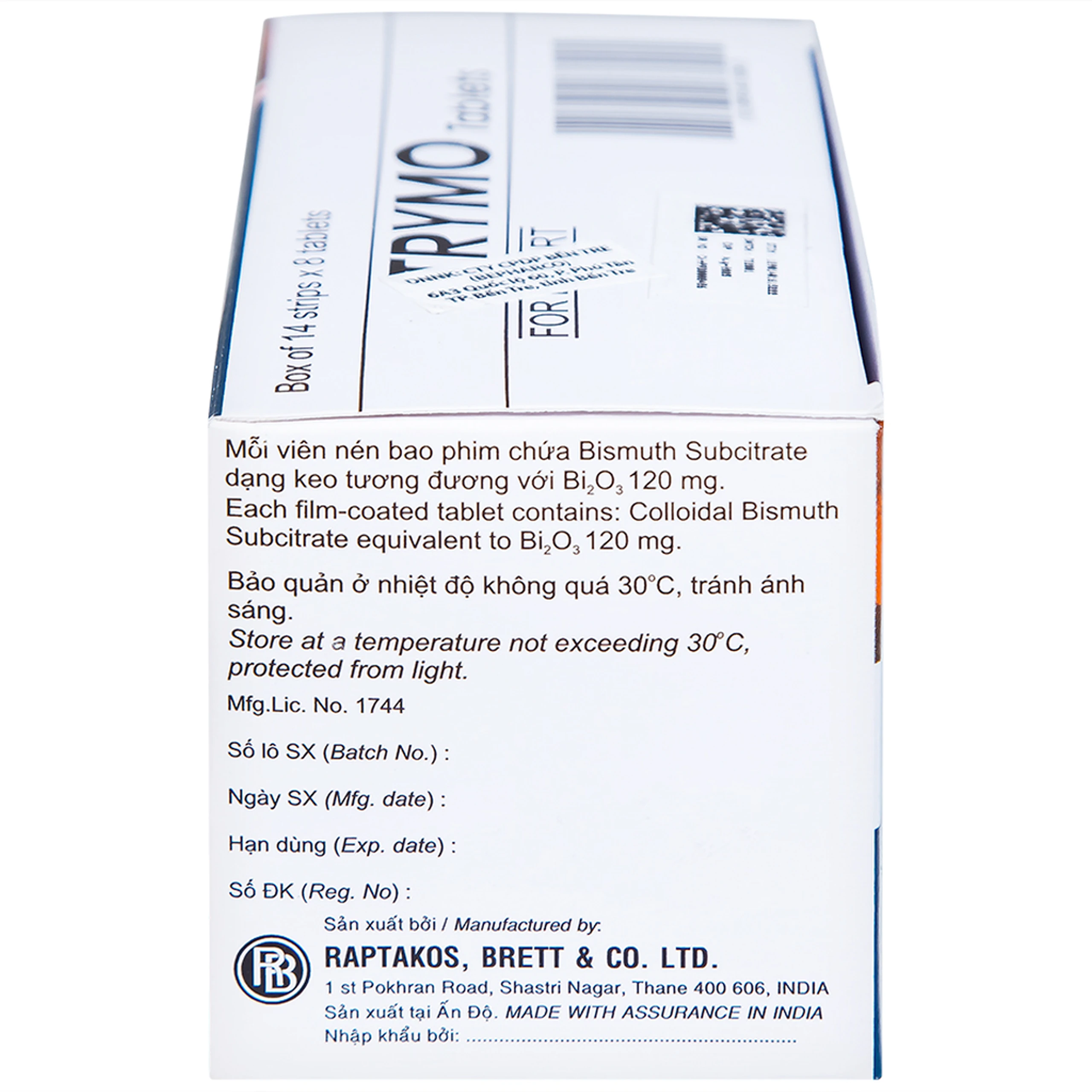 Thuốc Trymo Raptakos điều trị điều trị loét tá tràng, viêm dạ dày (14 vỉ x 8 viên)