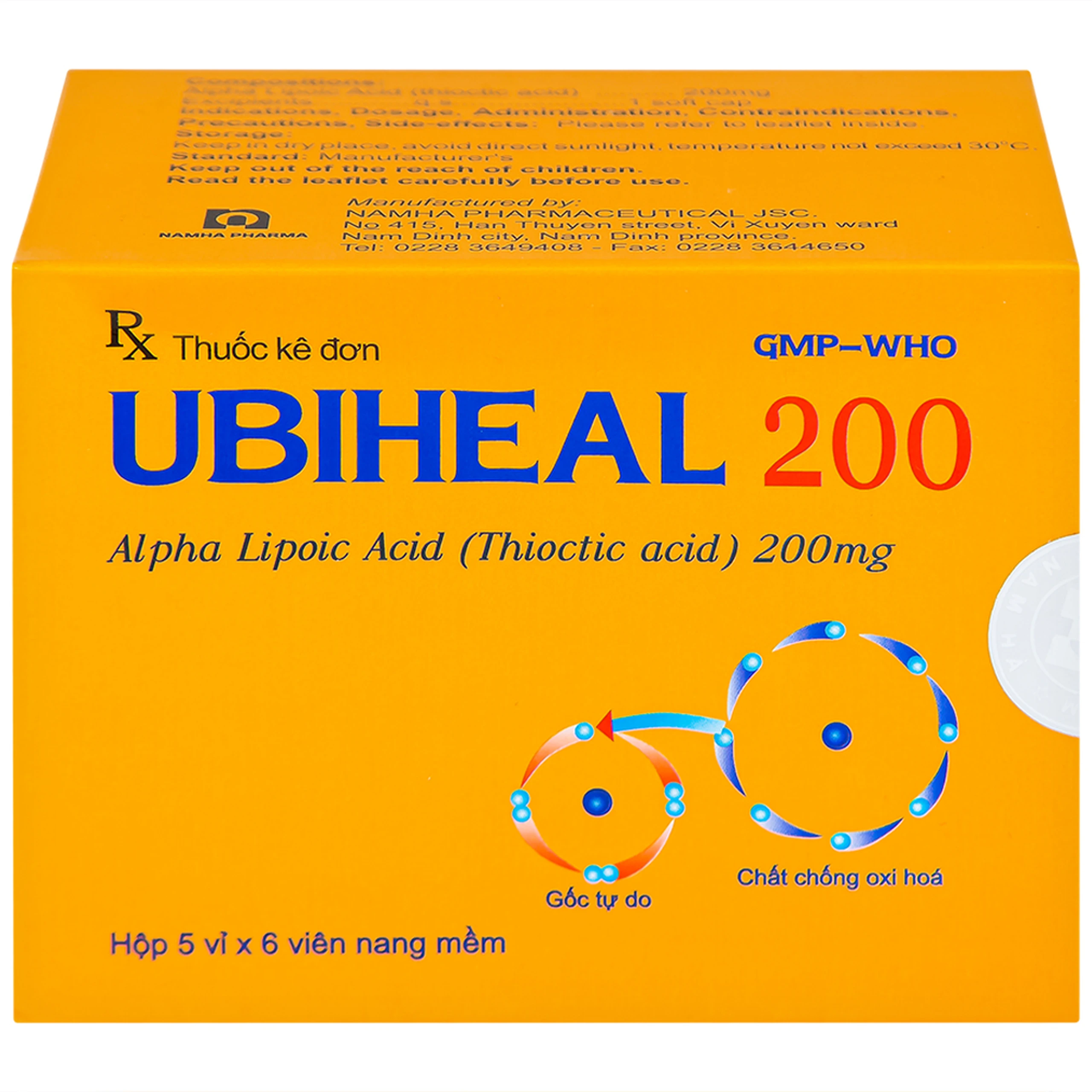 Thuốc Ubiheal 200 Nam Hà điều trị các rối loạn cảm giác  do bệnh thần kinh đái tháo đường (5 vỉ x 6 viên)