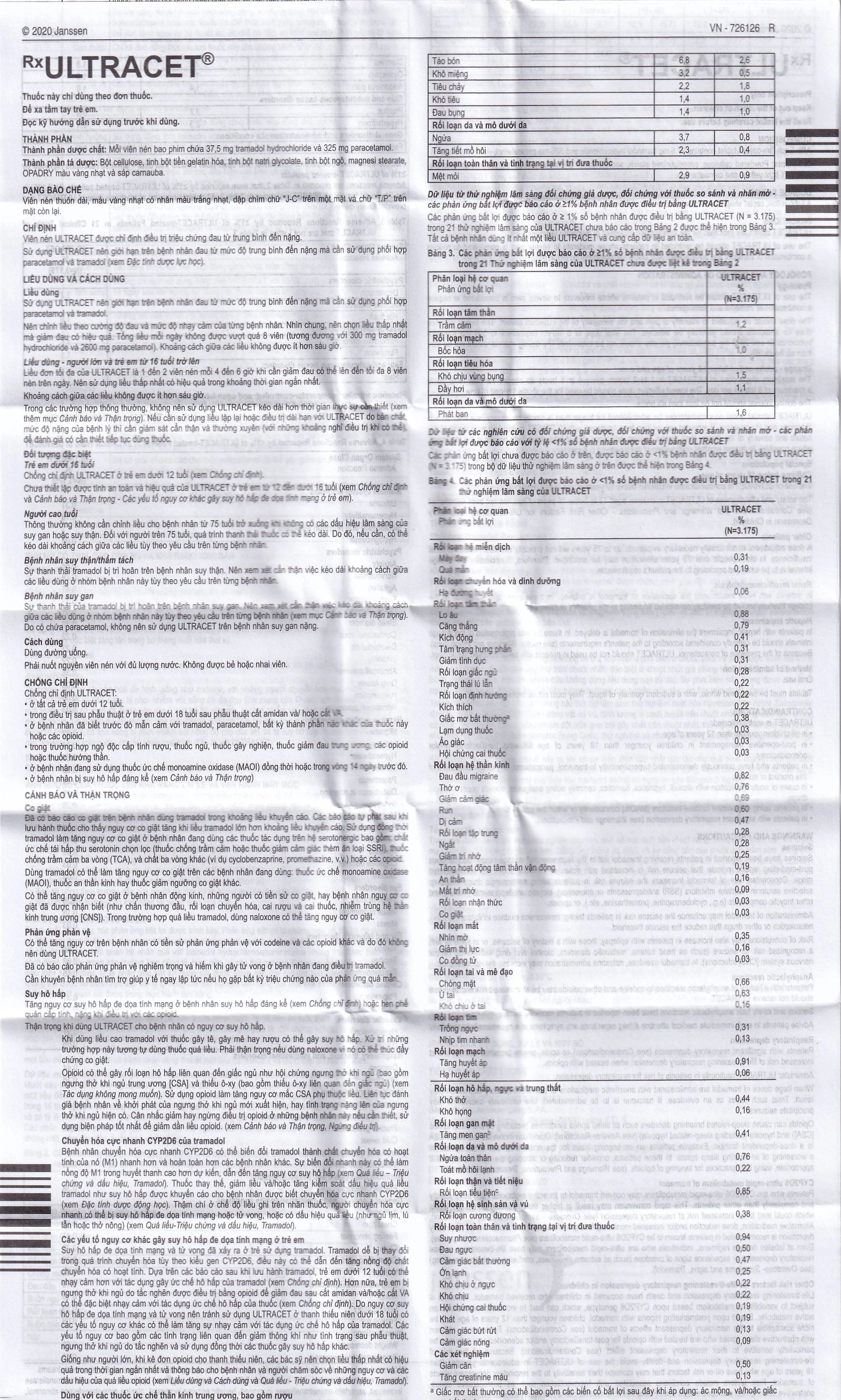 Thuốc Ultracet Janssen hỗ trợ điều trị cơn đau từ trung bình đến nặng (3 vỉ x 10 viên)